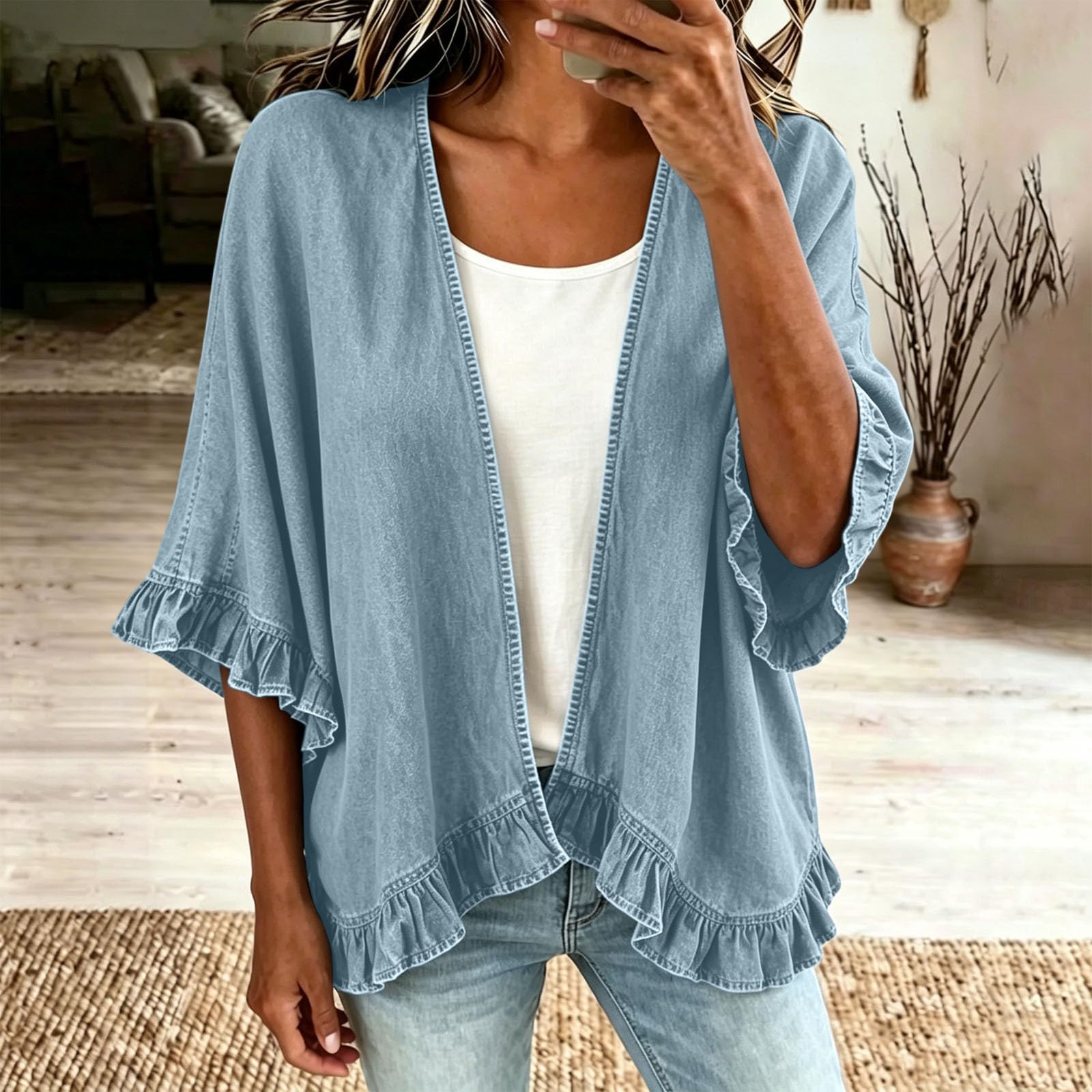 Chemise Femme Denim Légère Ouverte Manches à Volants Ample Mi-Saison Chic