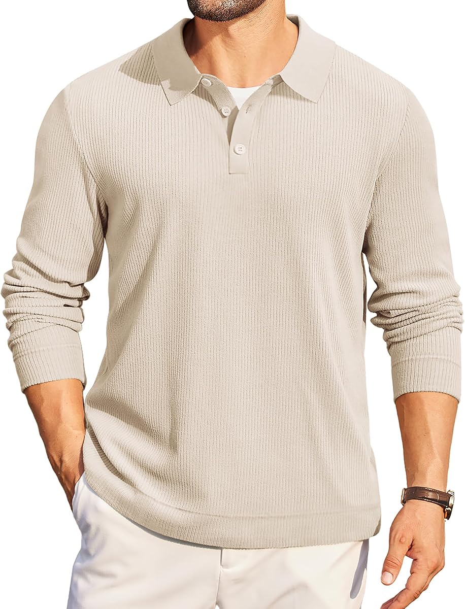Mens Long Sleeve Polo Knit Polo Sweater Collared Pullover Casual Golf Polo Sweater