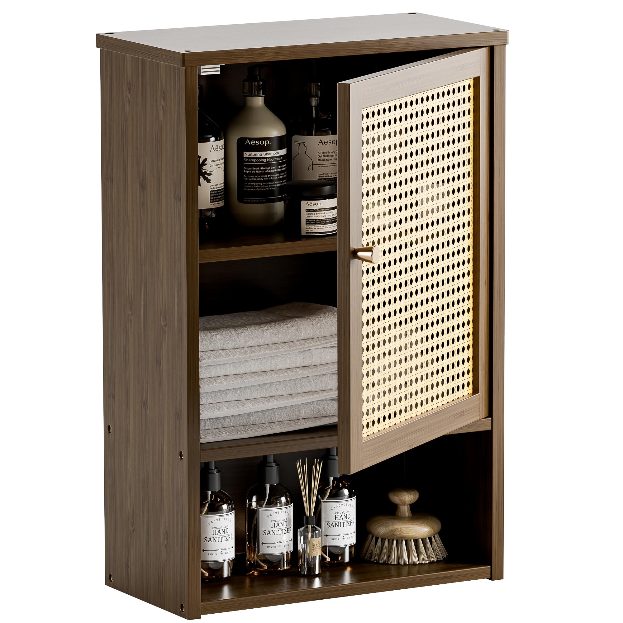 HITNET Armoire Mural Salle de Bain Rotin, Petit Meuble Rangement Toilette Suspendu, Armoire à Pharmacie Bambou avec Compartiment Ouvert et Étagère Réglable, Noyer