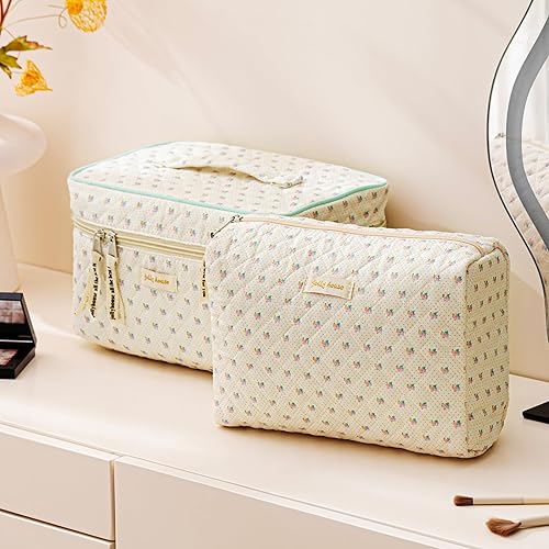 Miniatura 4 de HBselect Bolsa de maquillaje acolchada, 3 piezas de algodón grande, bolsa de maquillaje de viaje, bonita bolsa de maquillaje floral de coqueta,