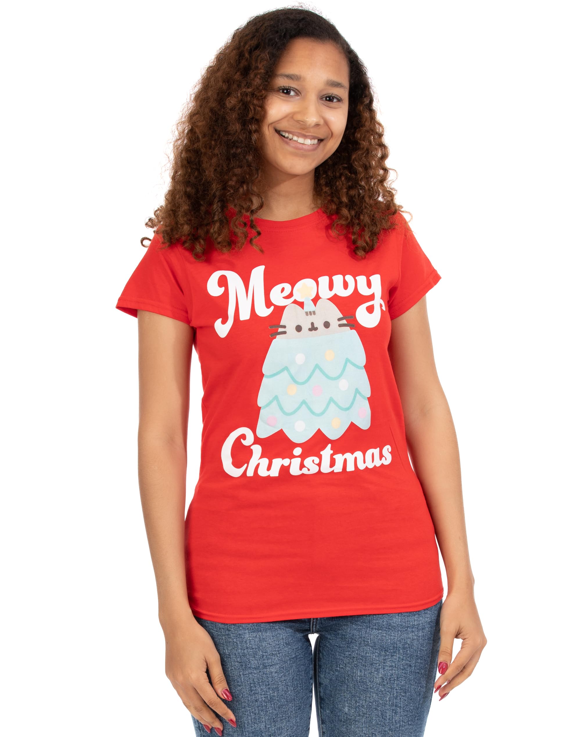 Pusheen The Cat Women's Red Pusheen Christmas T-Shirt For | Festive Tabby Cat Short Sleeve For Her M