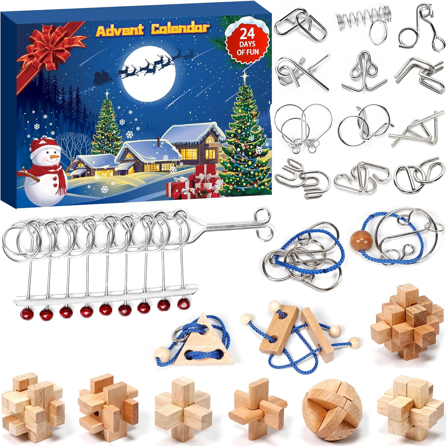 pozemu 24 Pack Brain Teaser Puzzles Advent Calendar 2026 Wooden Metal Puzzles Christmas Countdown Calendars for Kids Adult