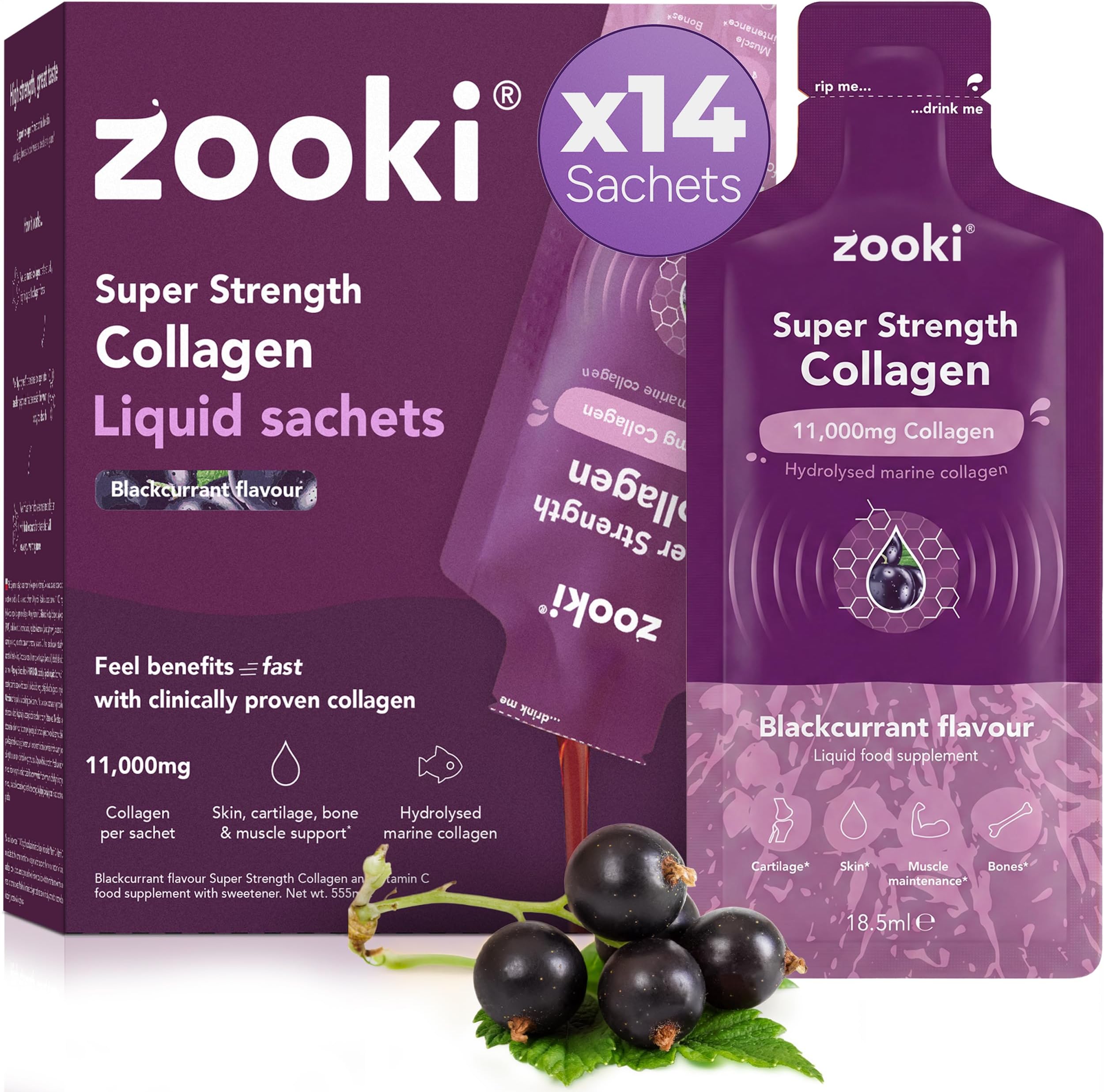 Zooki 11,000mg Super Strength Marine Collagen Liquid Sachets | Hydrolysed Peptides | Ultimate Skin, Hair, Nails, Joints, Bones & Muscles Support (Blackcurrant Flavour, 14 Servings)