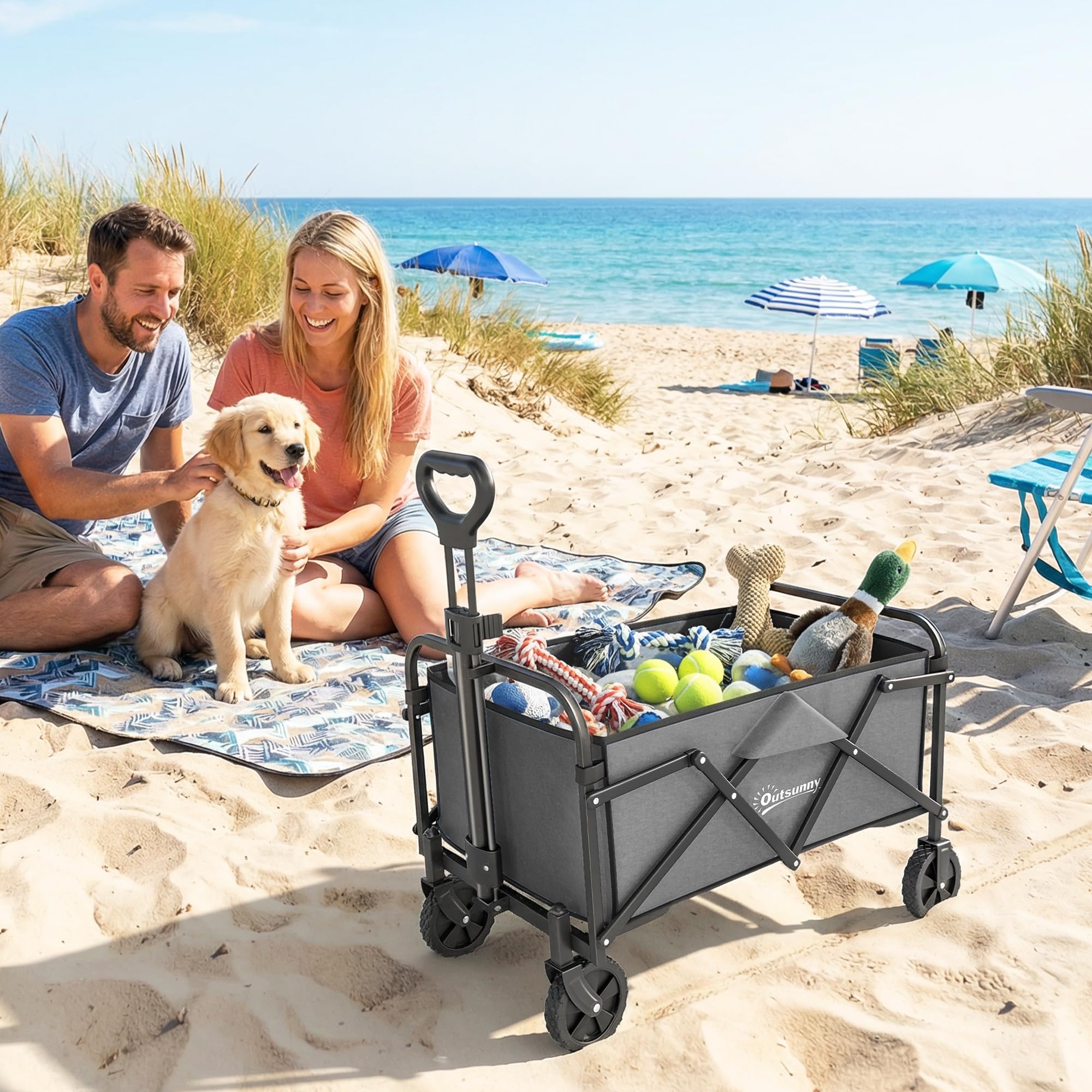 Outsunny Chariot de Jardin Pliable Tout-Terrain - Charrette de Transport Camping 66L Charge 68kg avec Poignée Réglable - Remorque à Main Compacte pour Plage Festival, Gris