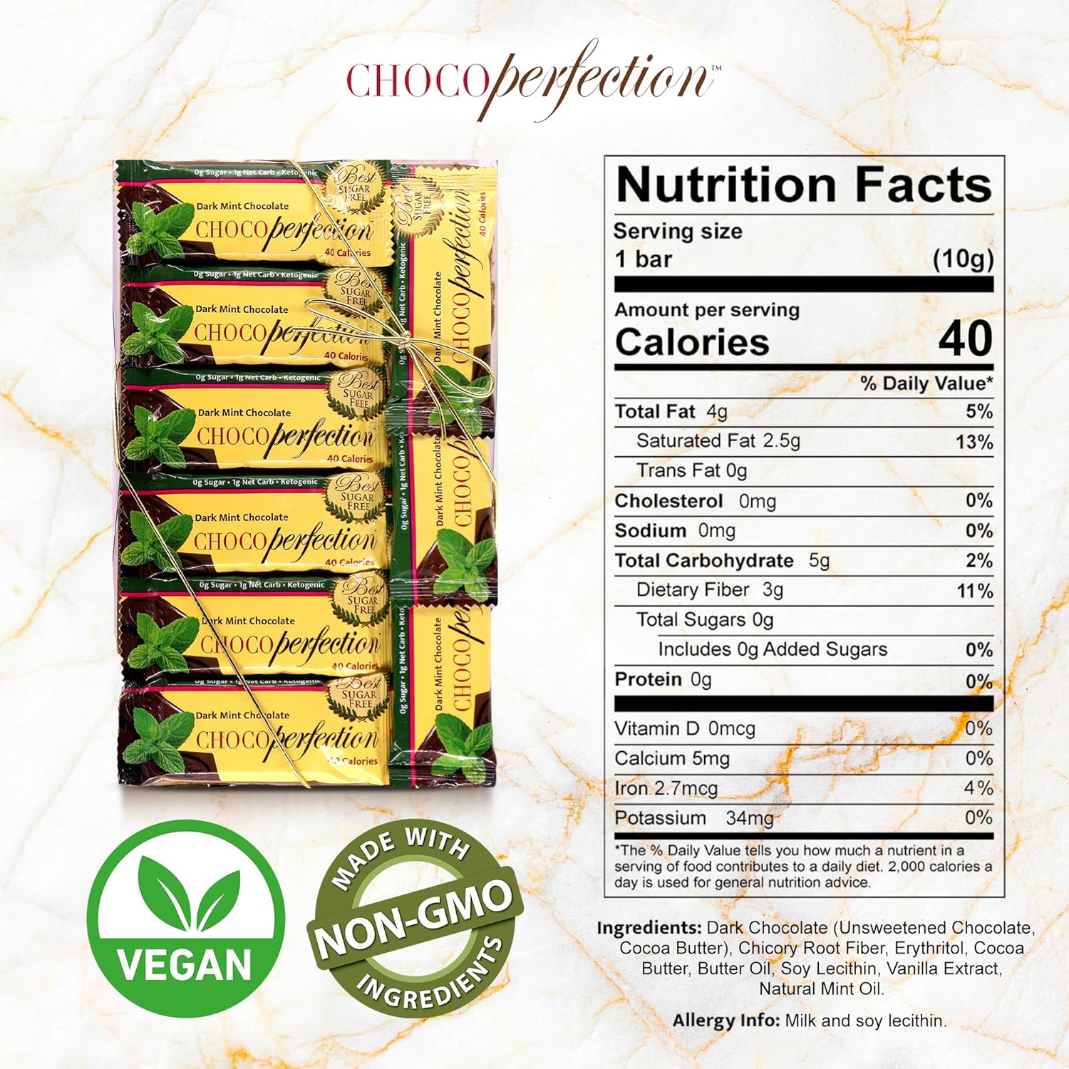 Chocoperfection Sugar Free Dark Mint Chocolate- 10g Bars (Pack of 30)