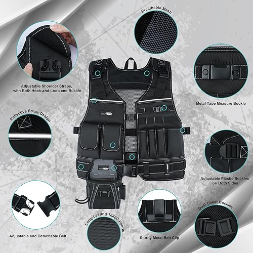 Miniatura 2 de MELOTOUGH Chaleco de herramientas para hombre con bolsas y cinturón, chaleco de herramientas de seguridad ajustable con múltiples bolsillos para