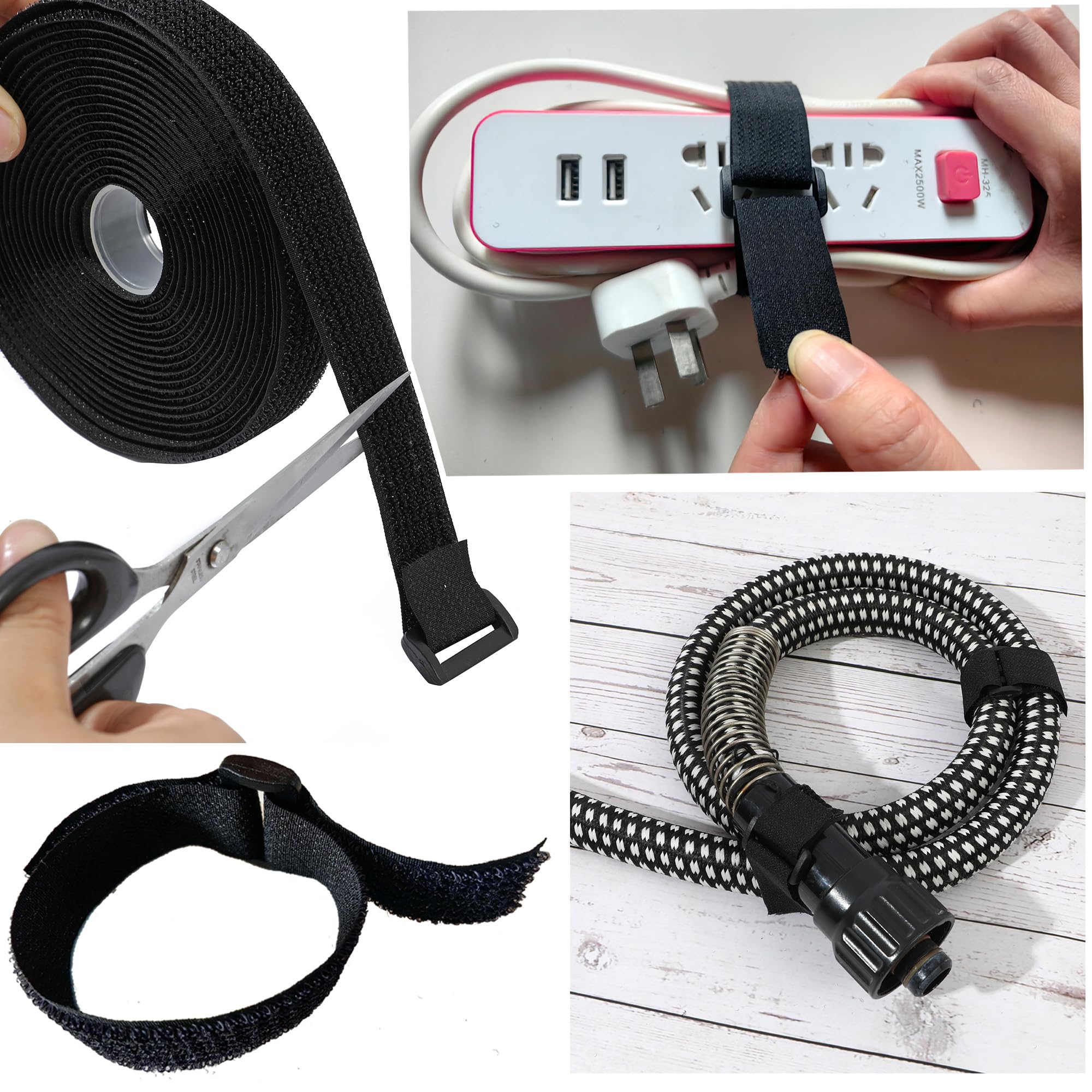 2.5cm x 5m Hook and Loop Securing Straps with 25 Buckles, Free Cut Length, Black - Image 2