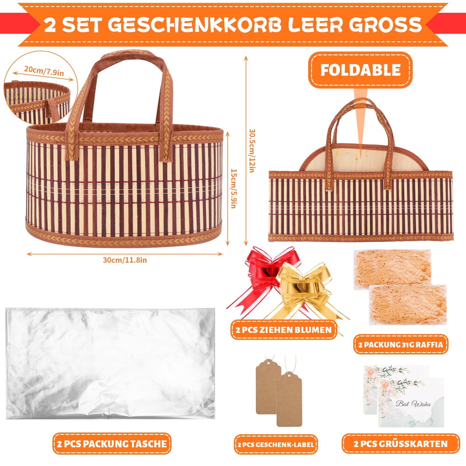 Das SelfTek Geschenkkorb-Set bietet zwei dekorative und funktionale Körbe aus Bambus, komplett mit Zubehör für eine ansprechende Präsentation.