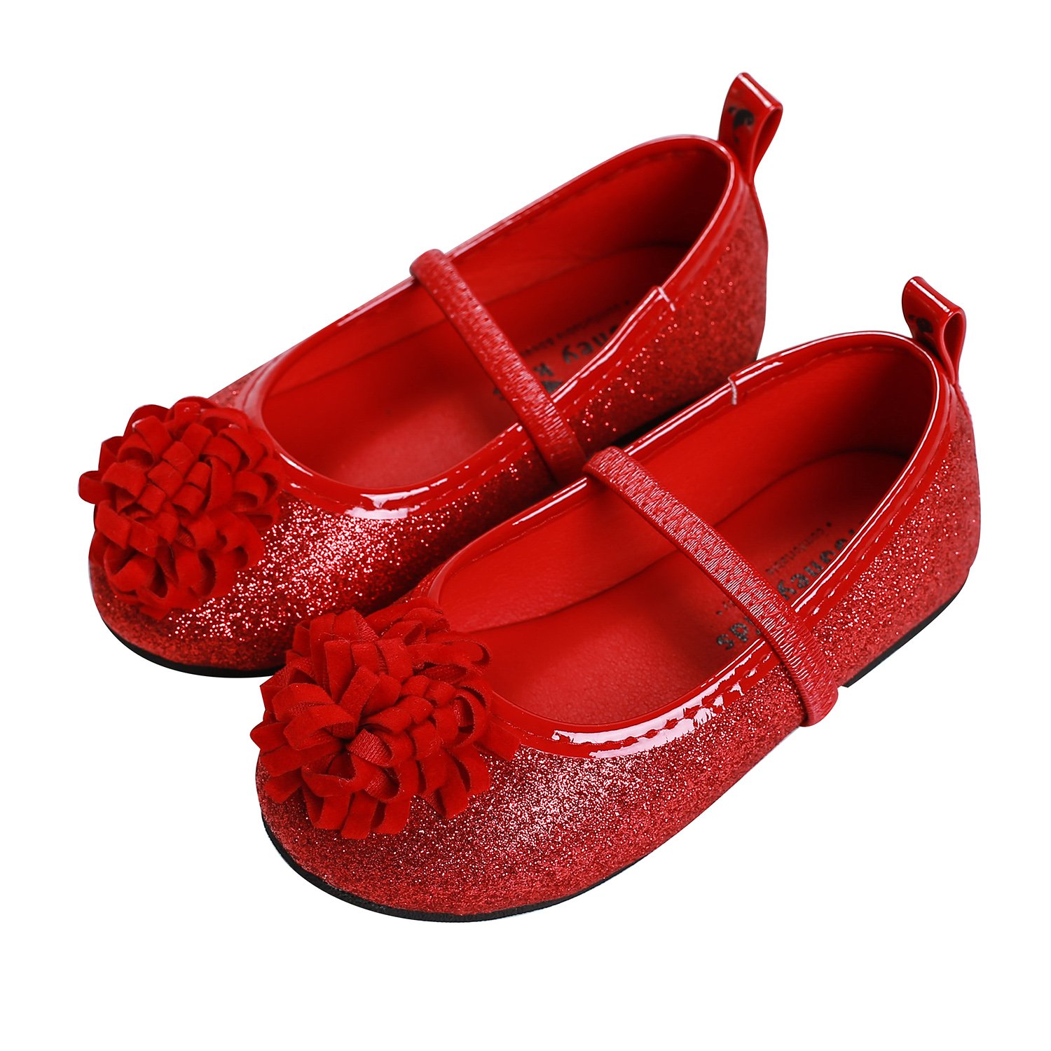 Girls Mary Jane Glitter Flat Shoes (7, Red)