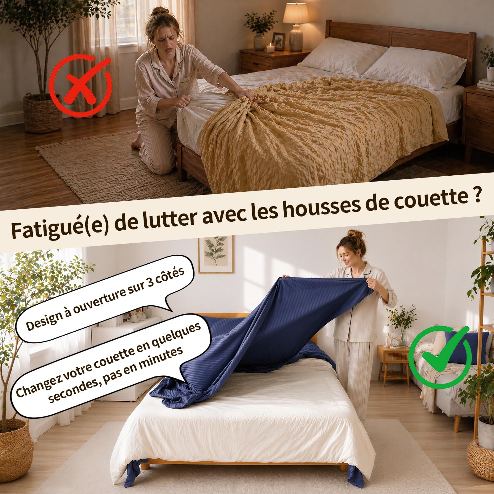 Ouverture 3 Côtés Changement Rapide (1 Personne, 2 Min) Housse de Couette 220x240cm Bleu Marine | Microfibre Ultra-Fin + 2 Taies d’Oreiller 80x80cm