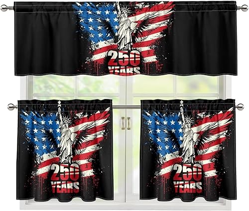 Miniatura 14 de Juego de 250 cortinas de cocina con bandera estadounidense para ventanas, fácil de instalar, cortinas cortas de 24 pulgadas con bolsillo para barra