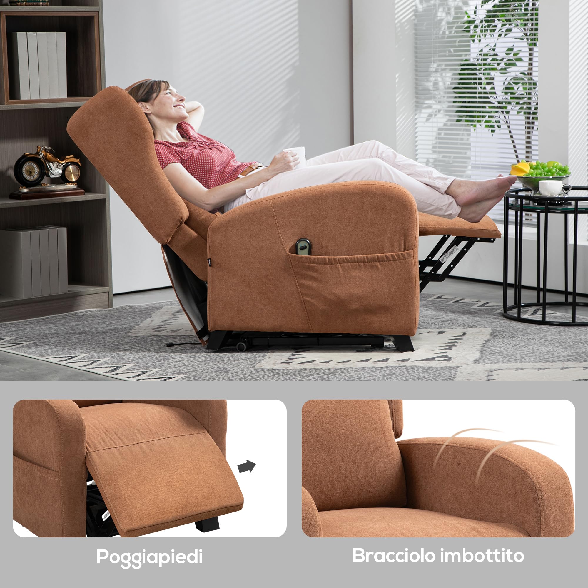 HOMCOM Poltrona Elettrica Alzapersona Reclinabile 160° con 2 Ruote Universali, Poltrona Relax Elettrica in Tessuto con Telecomando, Poggiapiedi e Tasche Laterali, Marrone Scuro