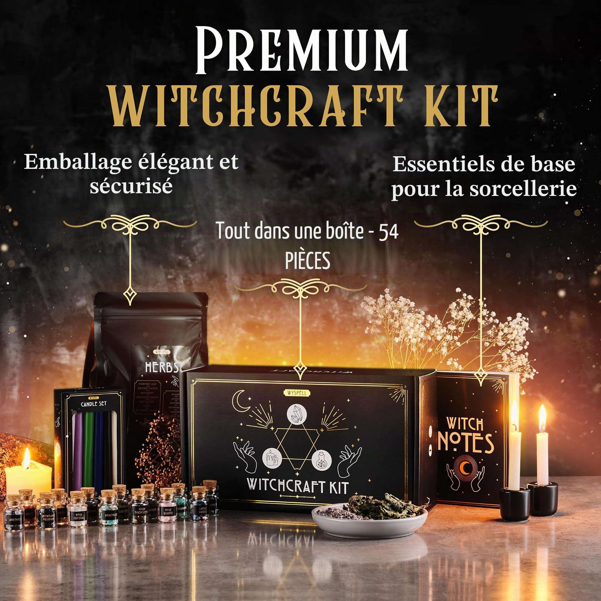 Kit de fournitures de sorcellerie pour sorcière - Bougies de sort - Pots à enchantements en cristaux - Herbes pour sort