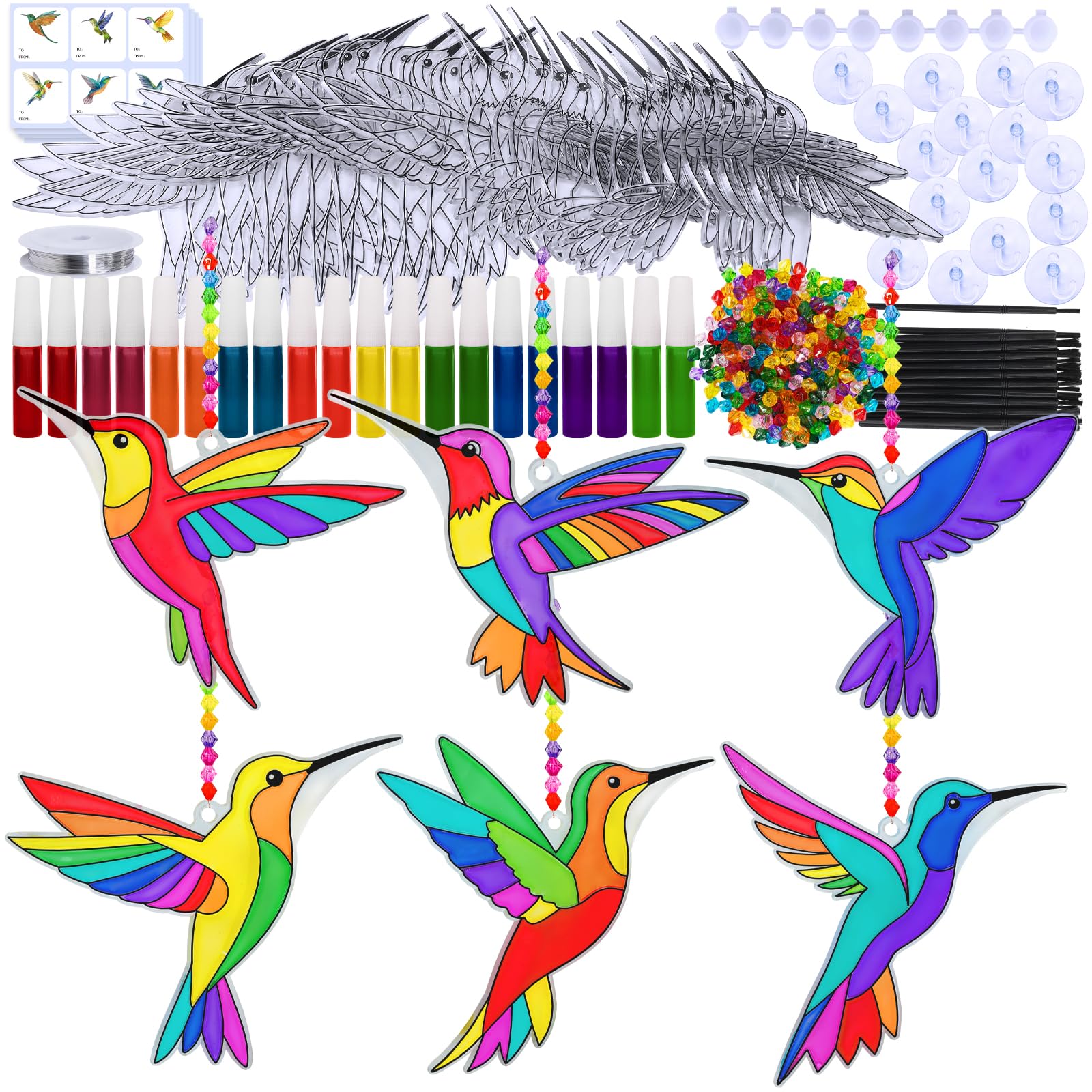Winlyn Lot de 24 décorations attrape-soleil en forme de colibri pour fenêtre - Kit de peinture arc-en-ciel pour enfants, activités en classe, anniversaire, printemps, été, camping, fête