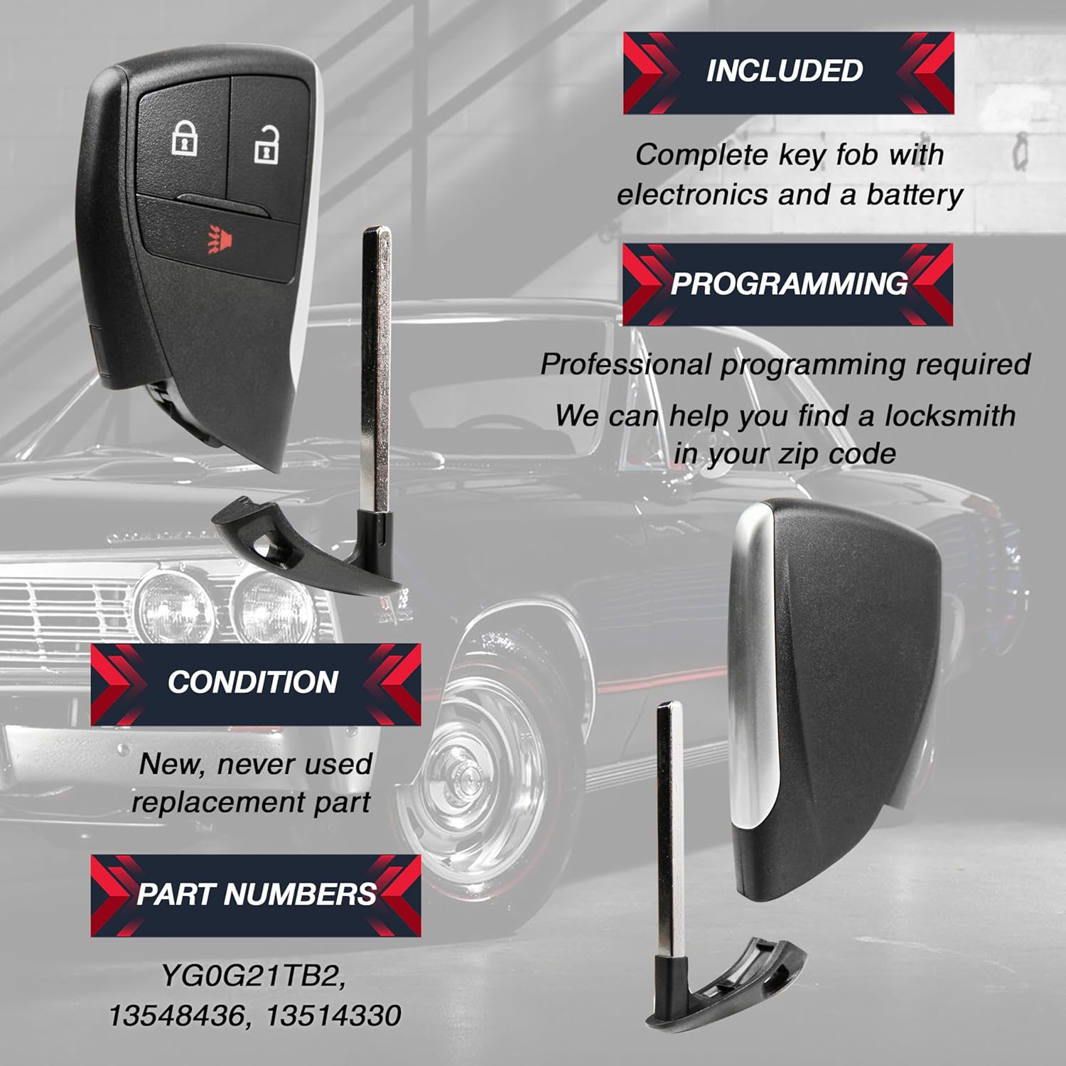 Keyless Entry Remote Key Fob Replacement 3-Button for 2022 2023 2024 Chevrolet Silverado 1500 (YG0G21TB2, 13548436, 13514330)
