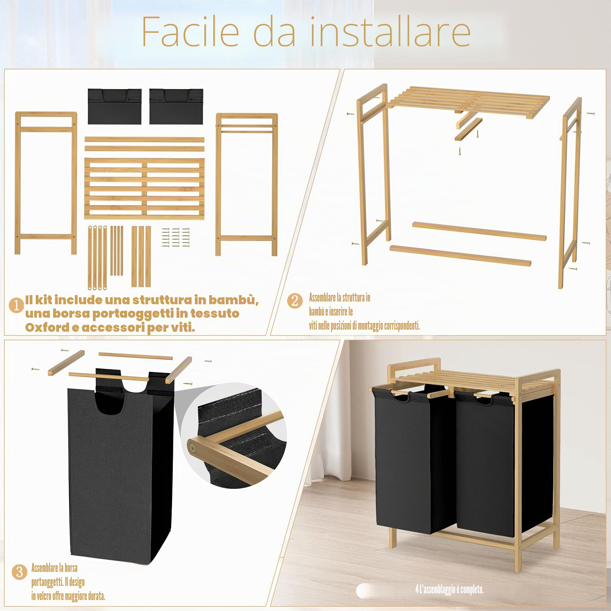Froadp Cesto portabiancheria con telaio in bambù, sacchetto in tessuto Oxford rimovibile e lavabile, 2 scomparti separati, per la casa, nero, 73 x 64 x 33,5 cm