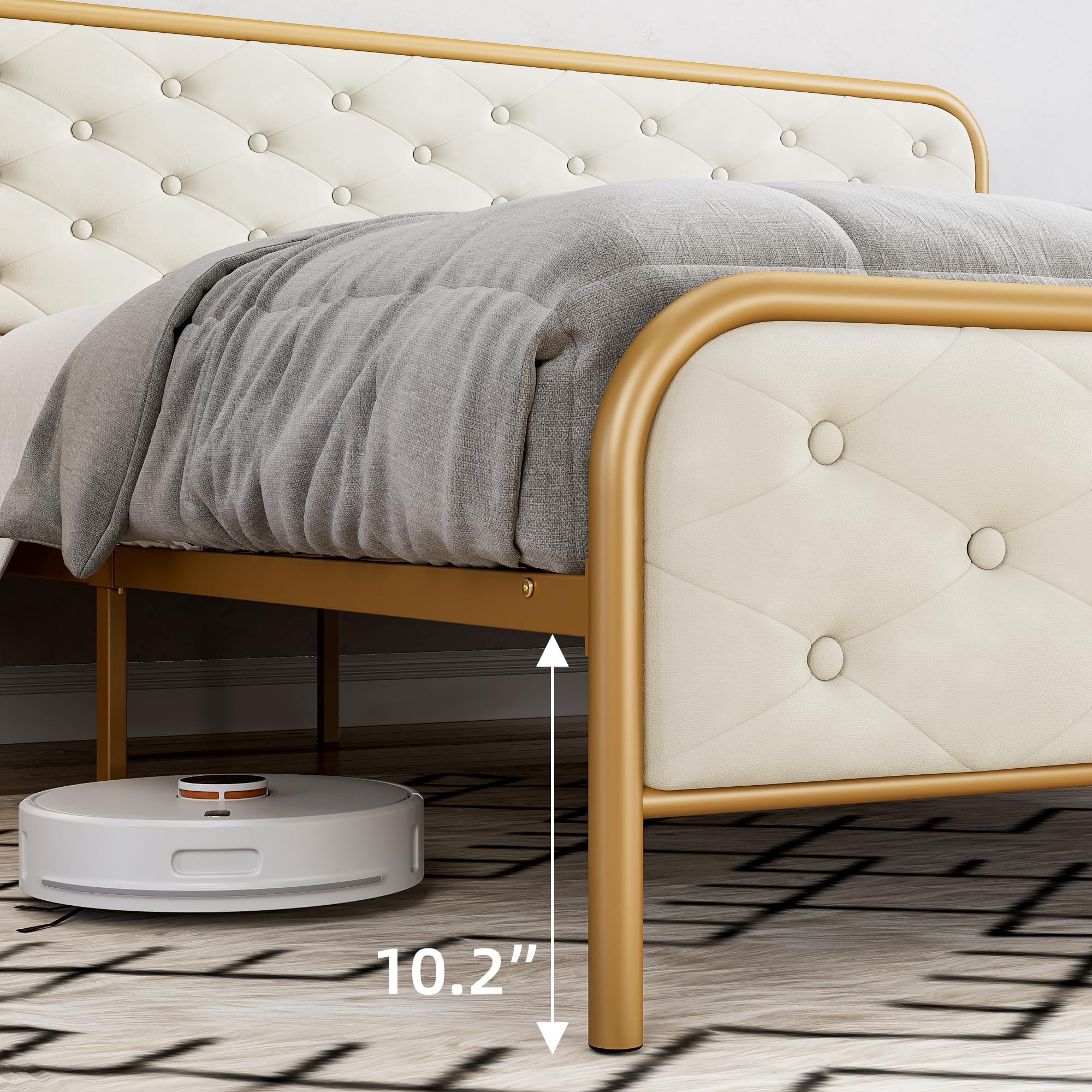 IDEALHOUSE 2024 New Full Bed Frame, Luxurious Bed Frames with Elegant Button Tufted Curved Headboard – Velvet Upholstered Platform Bed Frame, No Box Spring Required, Gold-White