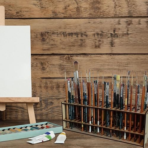 Miniatura 3 de Organizador de pinceles de madera para pintura, soporte de almacenamiento de 67 agujeros, soporte para pinceles de arte para niños