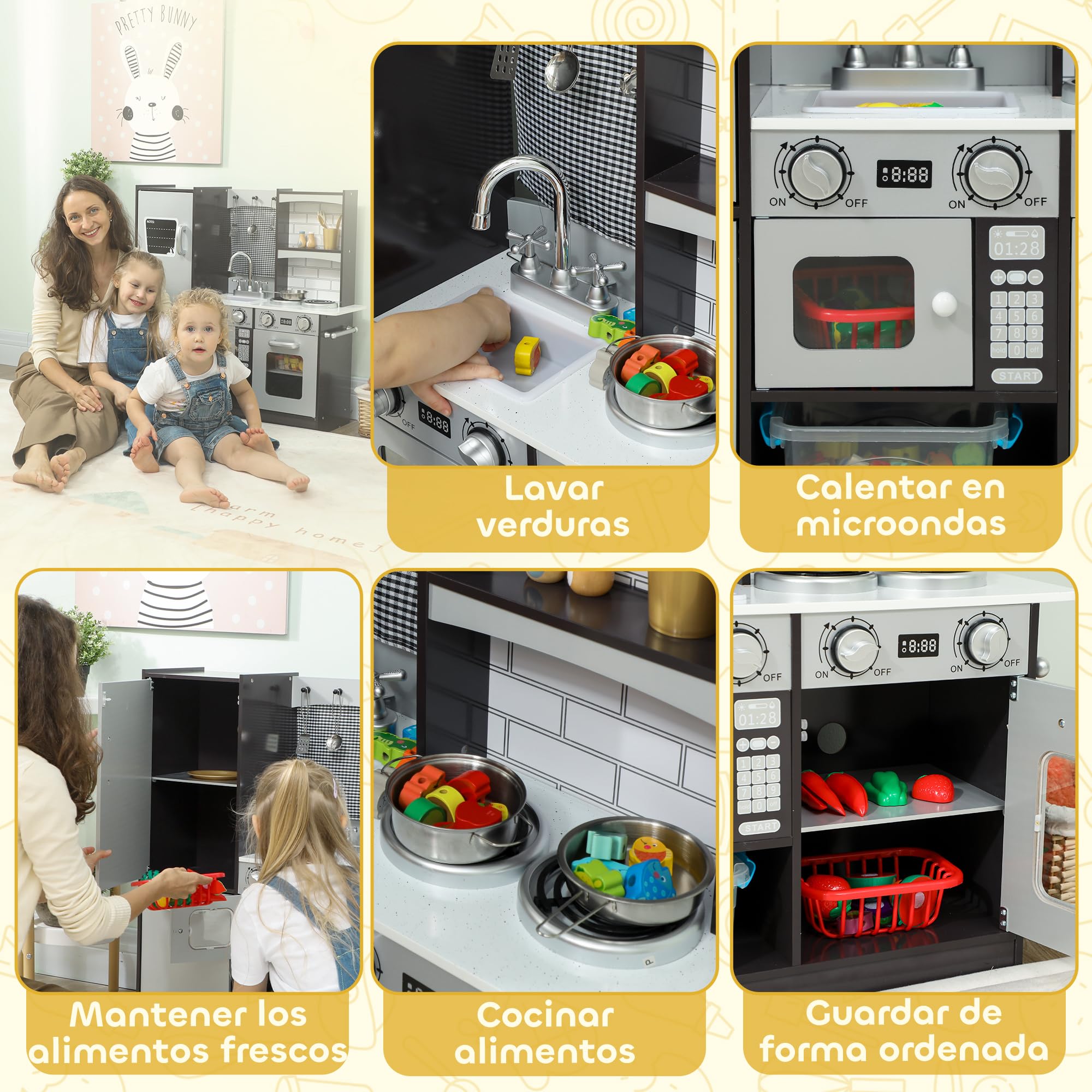 AIYAPLAY Cocina de Juguete de Madera con Sonido 81x27x79,7 cm Marrón Oscuro | Cocinita Infantil, Accesorios de Acero Inoxidable, Nevera, Microondas, Fregadero