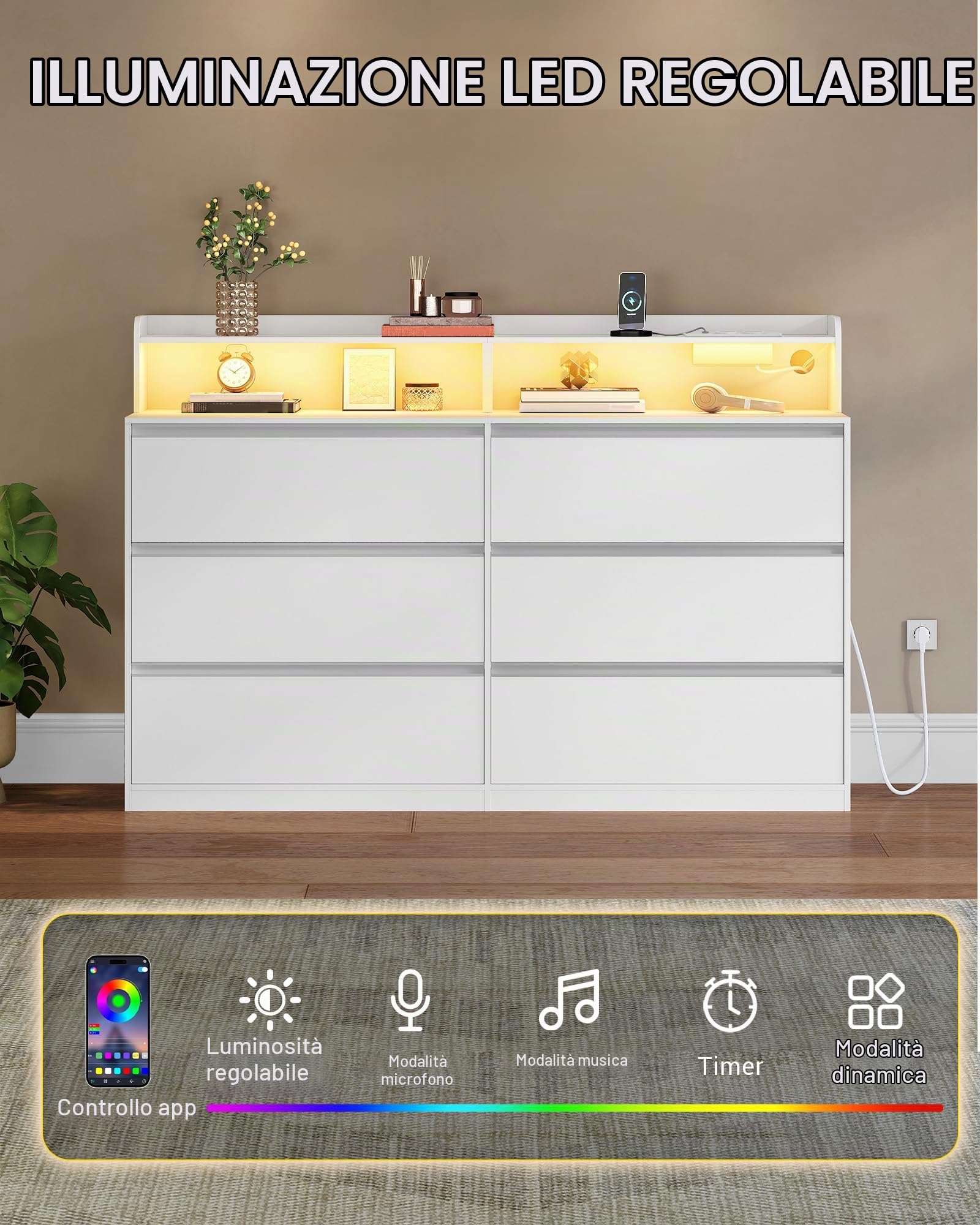 Hzuaner Cassettiera con LED e Presa Multipla, Mobile con Cassett, 6 Cassetti, Piano Superiore Portaoggetti sulla Cassettiera, per Camera da letto, Armadio e Ingresso 40 x 140 x 95 cm Bianco 1214003XEU