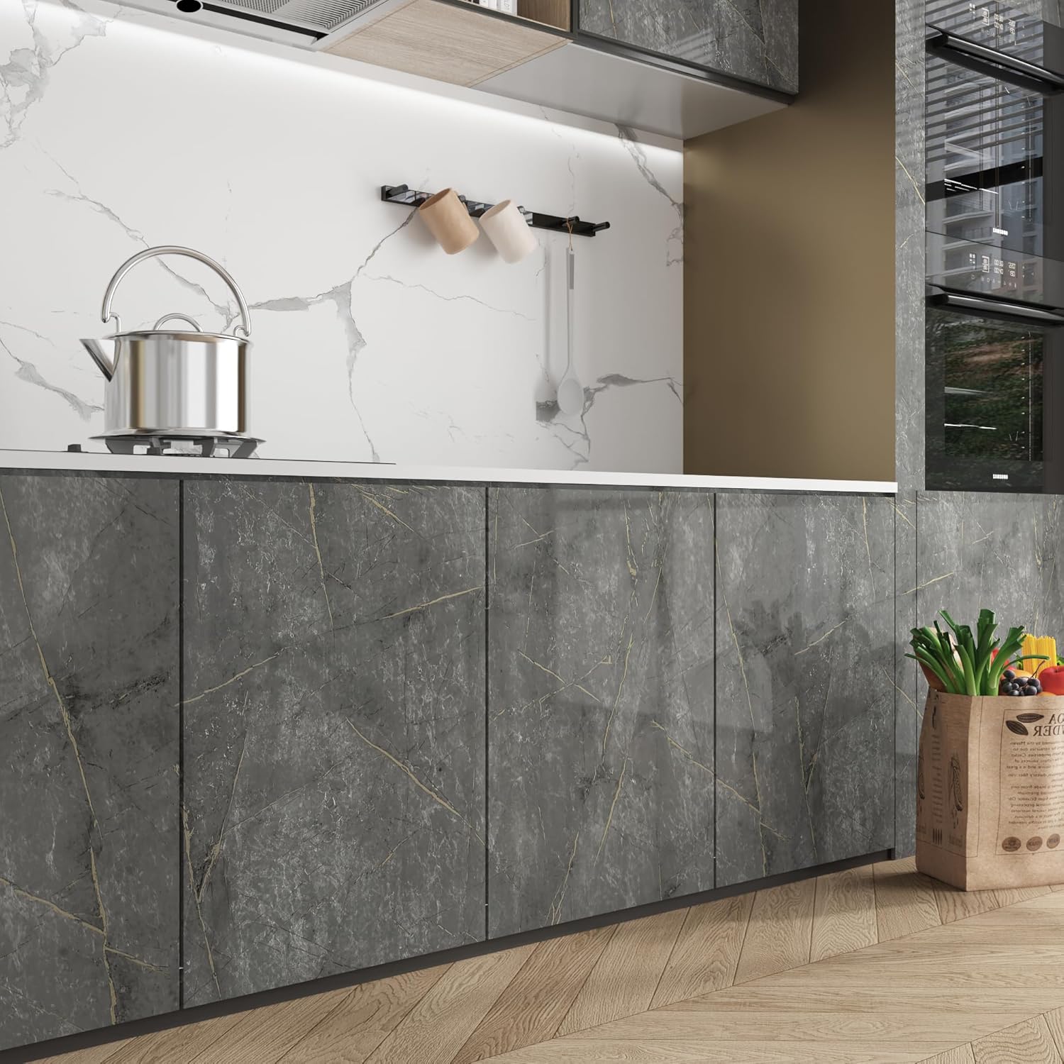 JSEVEM 24"×354" Wide Thick Dark Grey Cyan Gold Pattern Marble Wallpaper Peel and Stick Removable Glossy Gray Cyan Marble Contact Paper Faux Granite Wall Sticker for Walls Bedroom Bathroom Living Room