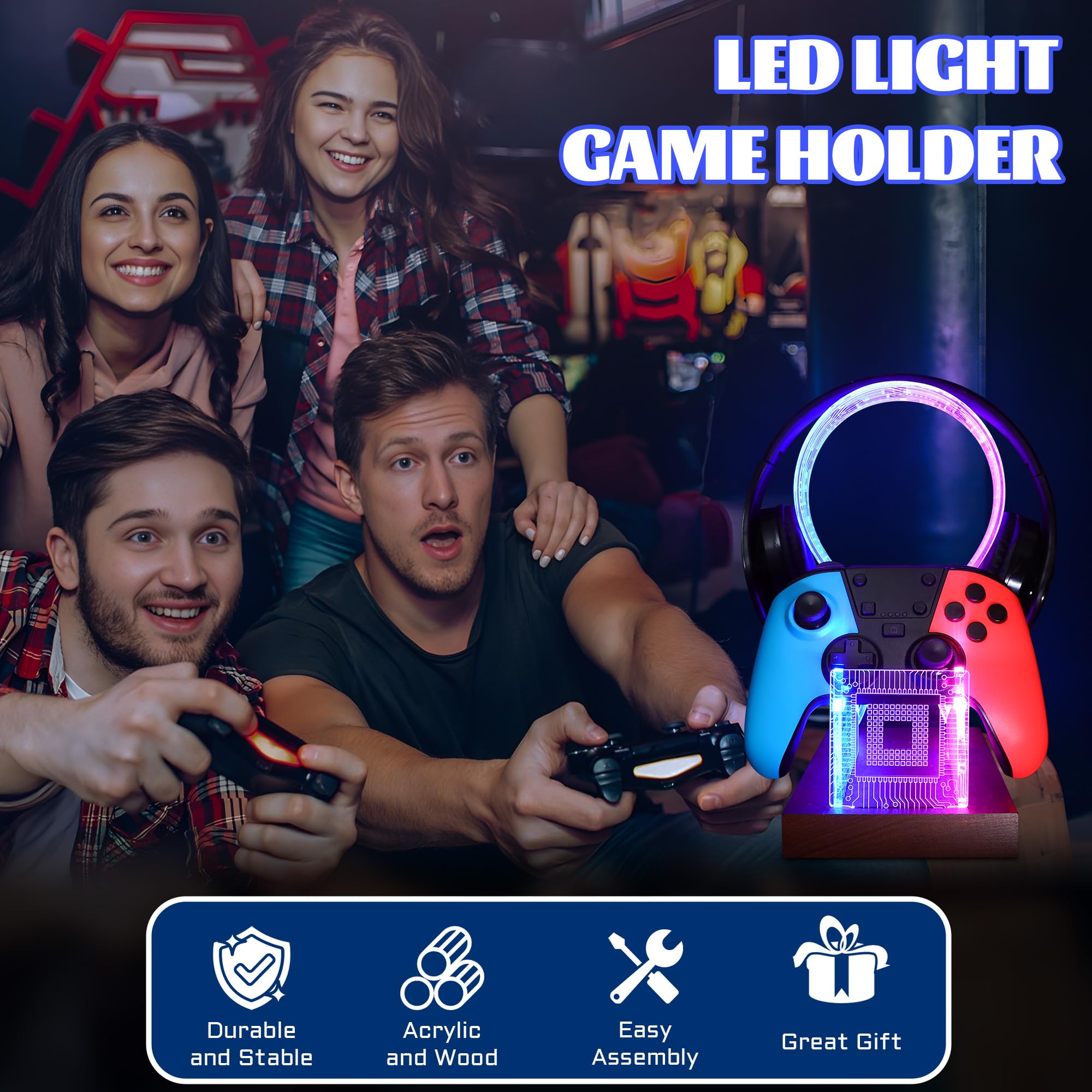 YuanDian Regali per ragazzi adolescenti, cuffie da gioco da scrivania e supporto per controller con luce notturna a LED blu rosa, supporto controller in legno acrilico con motivo PCB, regalo