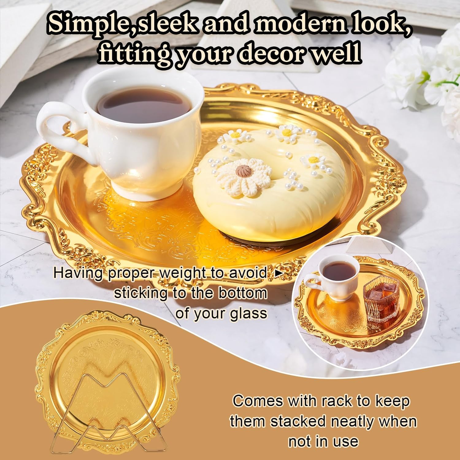 2pcs Decorative Serving Golden Trays with Holder 7.8 inch Antique Trinket Dish 20cm Jewelry Storage Tray Coffee Table Tray Large Dessert Plate for Birthdays Weddings Parties