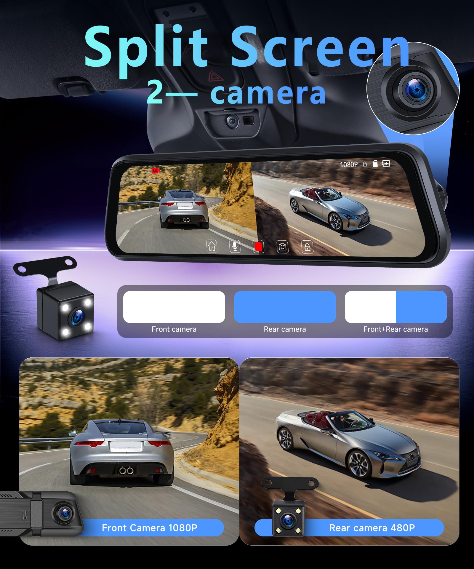 Rimoody Espejo Retrovisor Coche Dash CAM Cámara, 9.66 Pulgadas Pantalla Táctil IPS Espejo Dashcam HDR Vista Delantera y Trasera Cámaras 1080P/Visión Nocturna/Detección de Movimiento/Grabación en Bucle