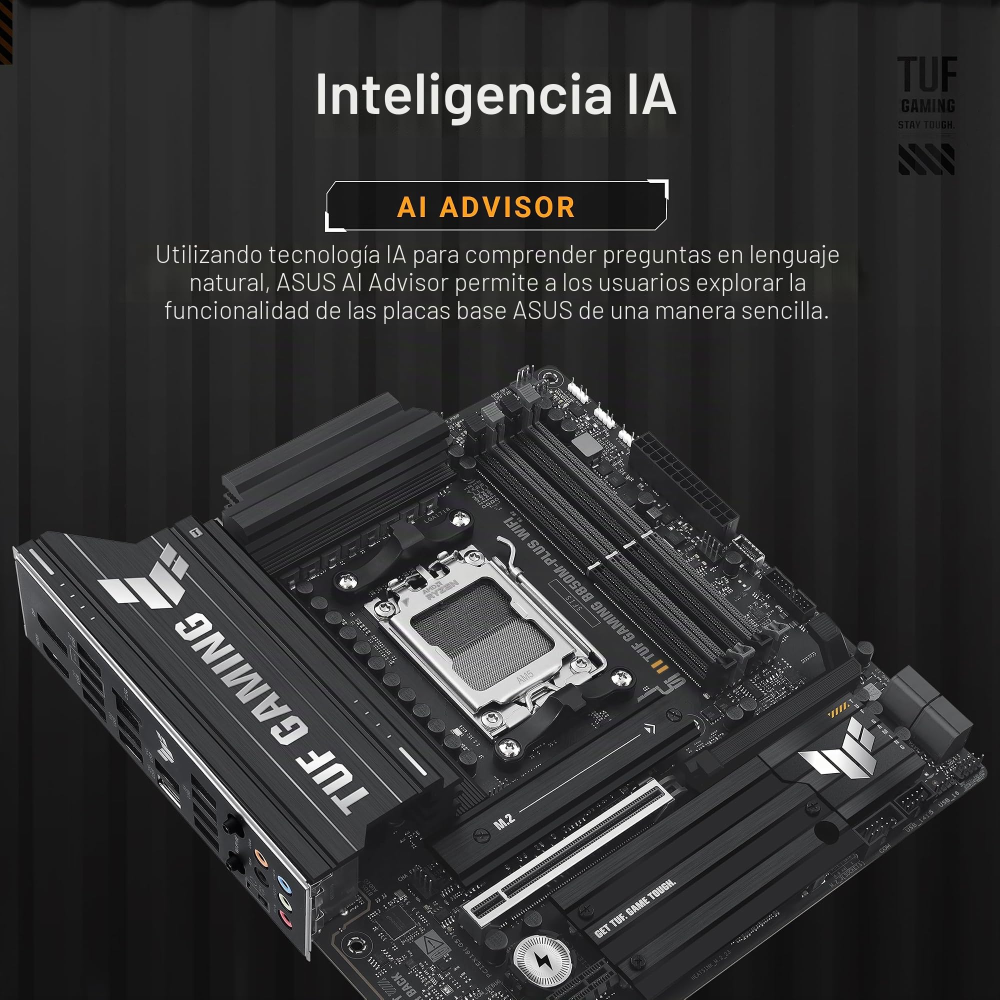 ASUS TUF Gaming B850M-PLUS - Placa base WiFi AMD AM5 B850 mATX, 14+2+1 80A DrMOS, DDR5, PCIe 5.0, 3X M.2, Wi-Fi 6E, LAN de 2.5 Gb, DP, HDMI, USB 10Gbps y 20Gbps Type-C, BIOS Flashback, Aura Sync