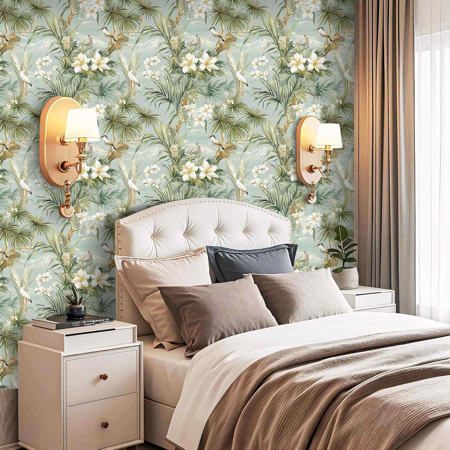 Tropical Botanical Peel and Stick Wallpaper, Palm Leaves and Birds Wallpaper for Home Decor | Self-Adhesive, Waterproof Vinyl, 17.7" x 236"