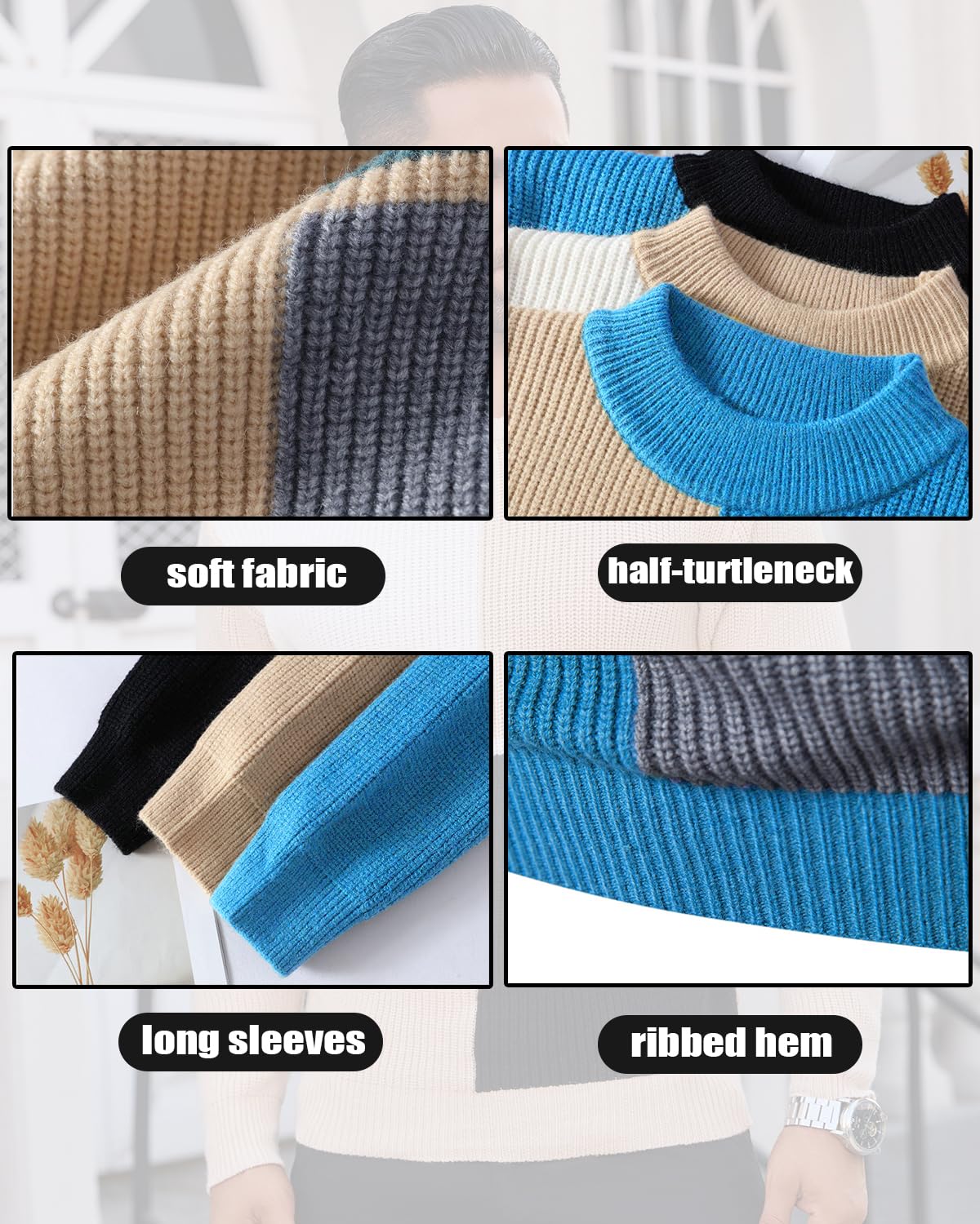 crazy bean Maglione Uomo Invernale Collo Rotondo Maglia Dolcevita Patchwork Felpa Lupetto Lupetto a Maglia Slim Fit