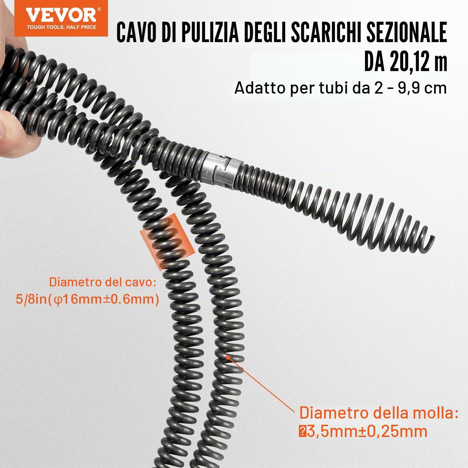 VEVOR Cavo per Pulizia Scarichi con 7 Taglierine Cavo per Pulizia Scarichi Sezionale per Tubi da 20 a 100 mm Cavo per Coclea di Scarico Fognario a Nucleo Cavo per Lavello, Scarico a Pavimento, WC