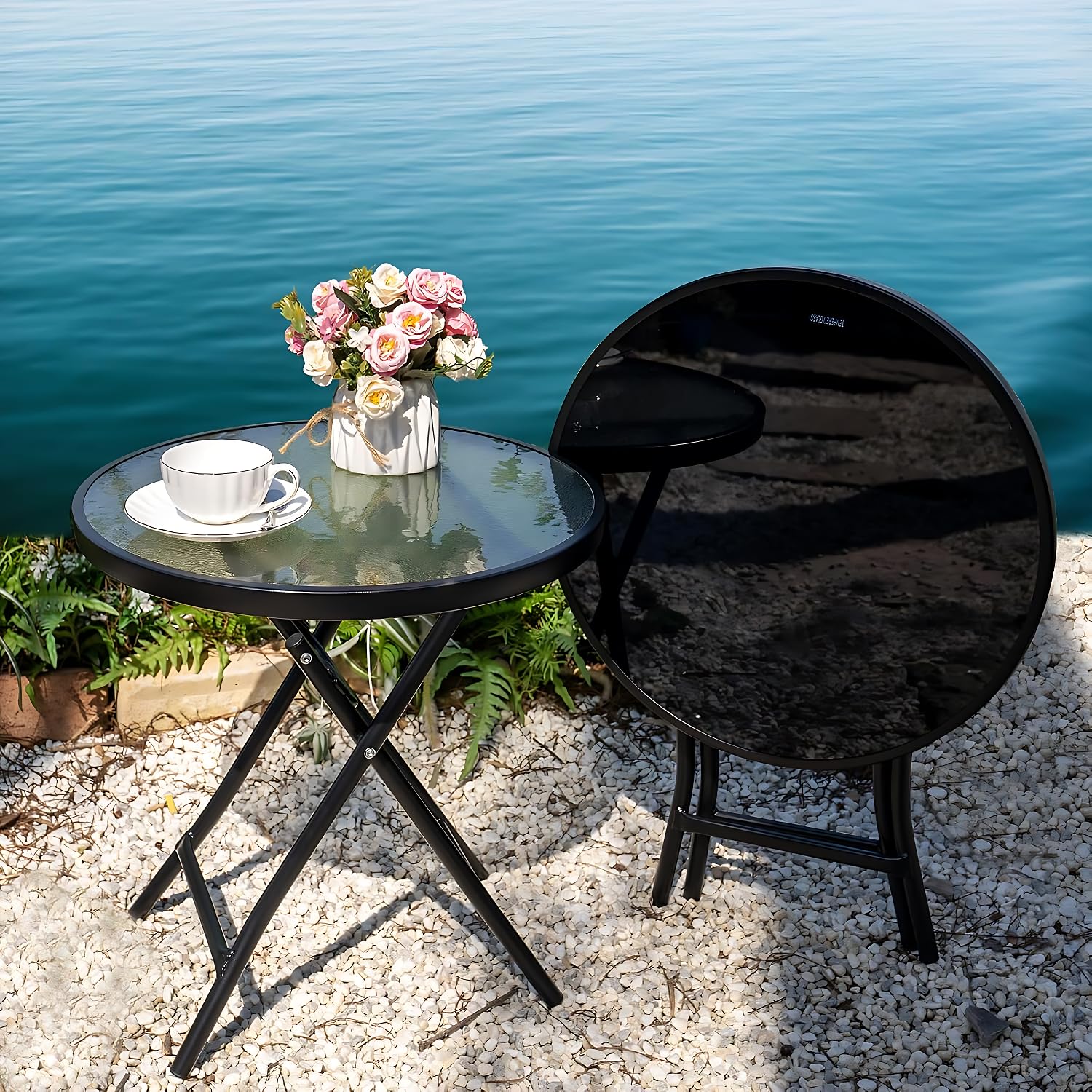 Divik Multi-Purpose Portable & Foldable Dining Table with Metal Frame & Round Tempered Glass Table Top Weatherproof, Garden Table, Outdoor Side Table Space-Saving for Balcony, Living (1Pcs)