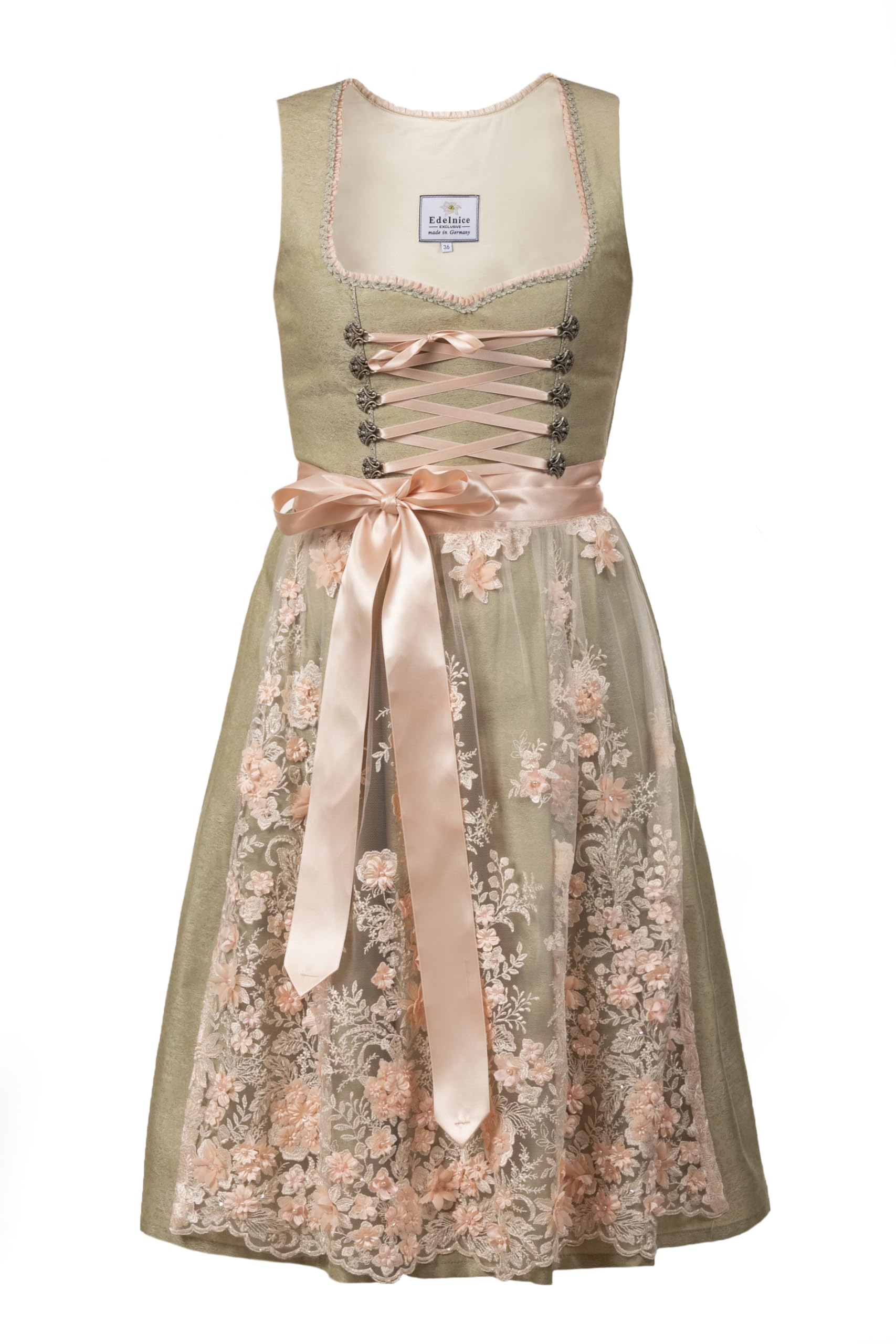 Edelnice Trachtenmode Midi Dirndl Simona Pastell Grün inkl. Spitzenschürze