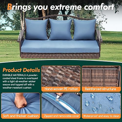 Miniatura 3 de Columpio colgante de mimbre mejorado para porche, resistente de 900 libras, 3 asientos, para patio, para adultos, con cadenas colgantes de 8.9 pies,