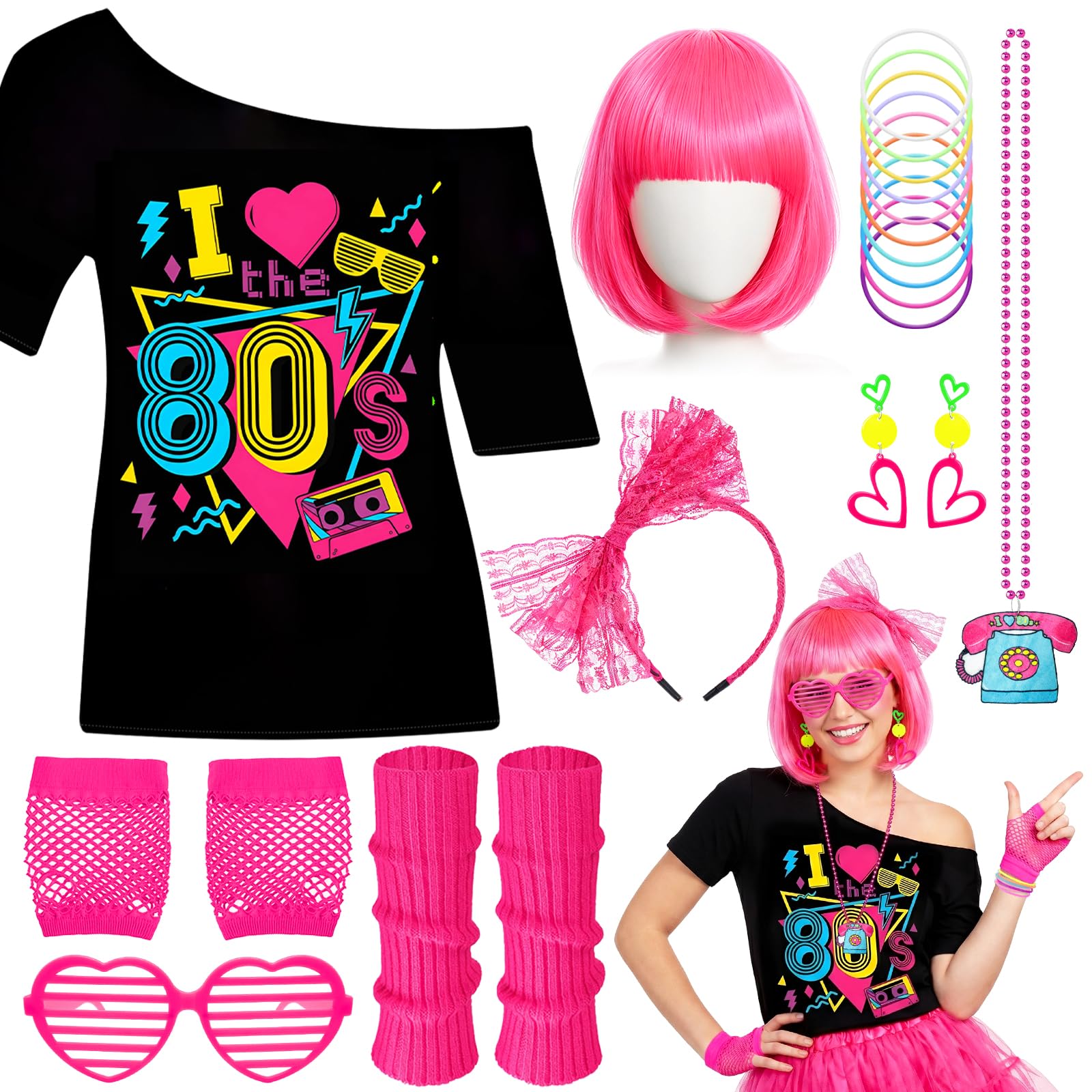 Wynlora 9Pcs 80s Fancy Dress Set for Women, 1980s Costume Accessories Kit with T-Shirt Wig Headband Fishnet Gloves Leg Warmers Glasses Earrings Necklace Bracelets for Ladies Retro Theme Party Cosplay