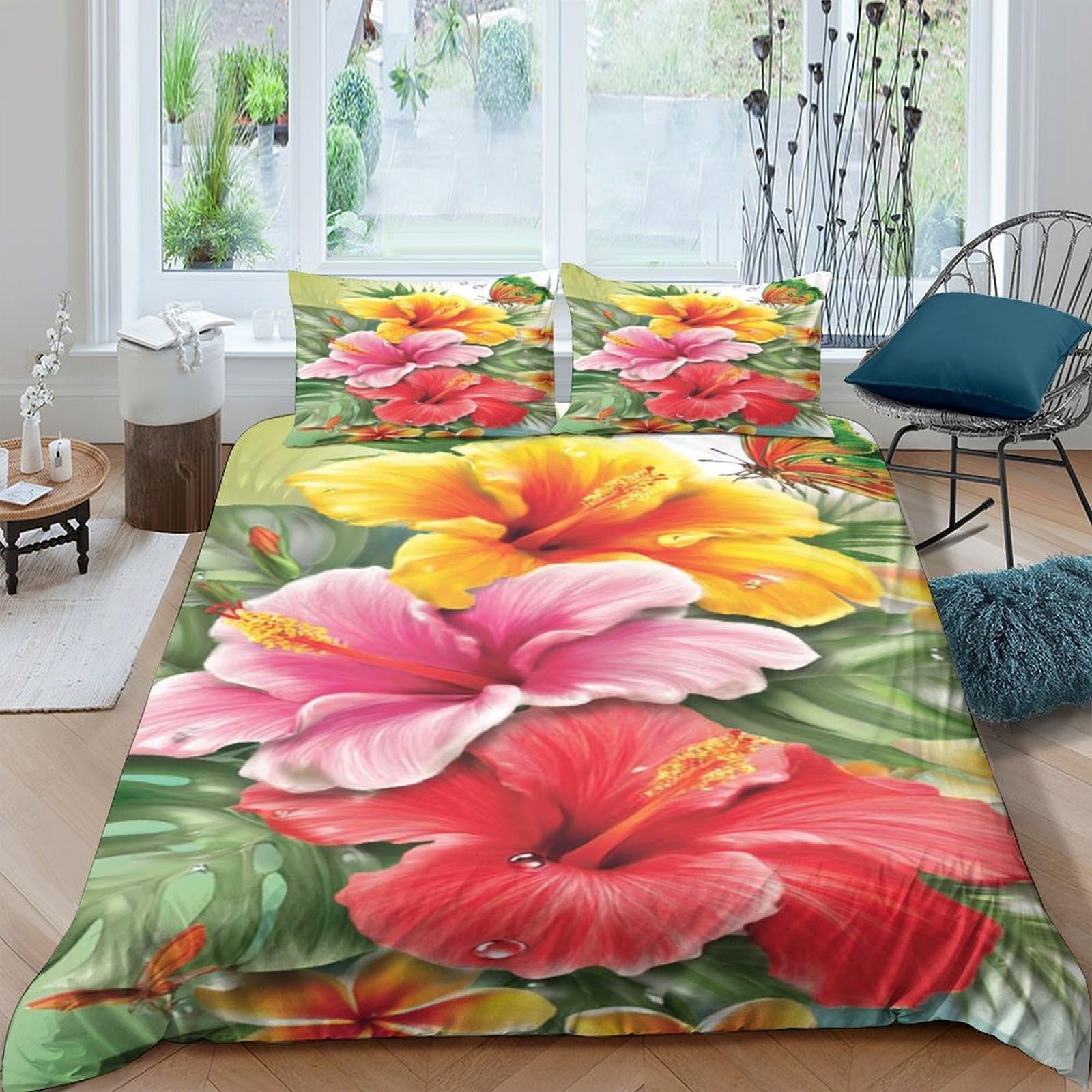 Ctjqhvkz Style-9 3D Printed Tropical Hibiscus Fitted Sheet Microfiber Soft Red Yellow Floral Bed Cover For Bedroom Dorm Decor Single（135X200cm）