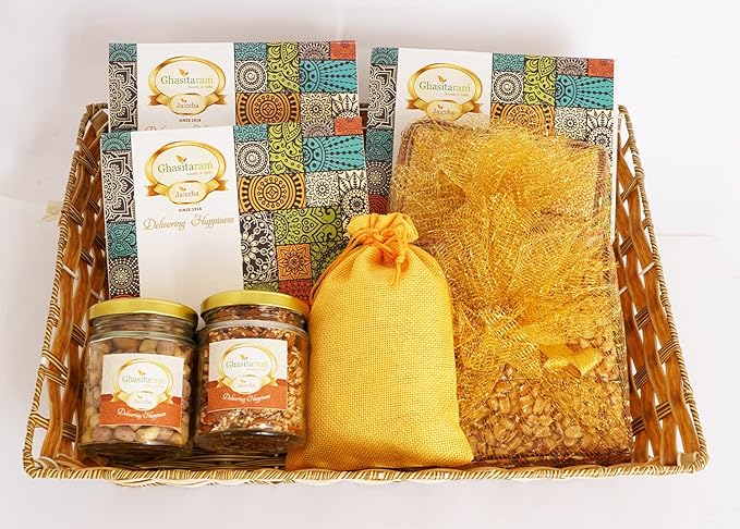 Ghasitaram Gifts Jaiccha Lohri Sweets Gachak hampers Lohri Rectangle Basket