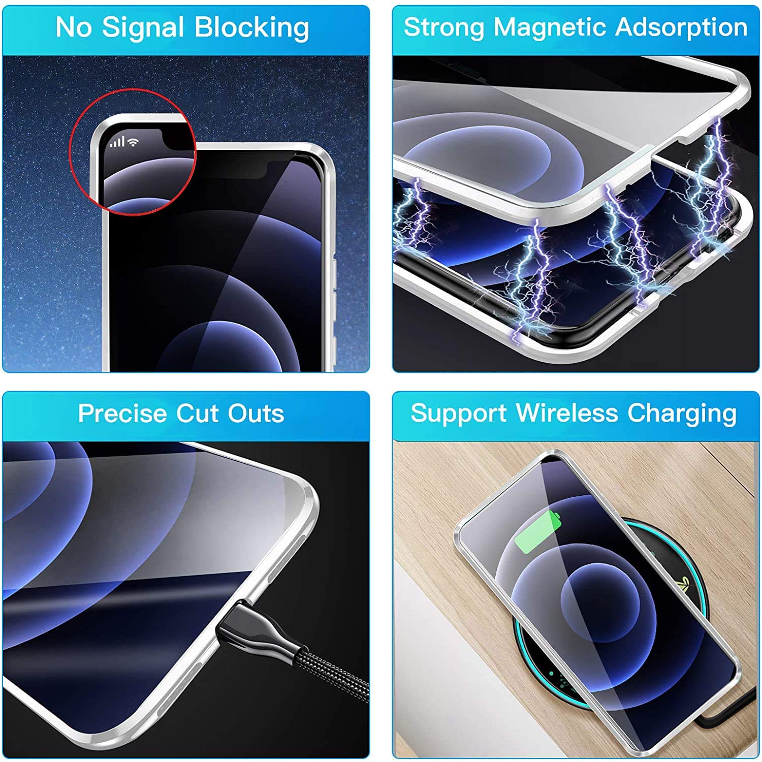 MIMGOAL Cover per iPhone 11 Pro Max, Magnetica Custodia [Cornice Metallica][Doppio Vetro Temperato] 360 Gradi Full Body Trasparente Case for iPhone 11 Pro Max, Argento