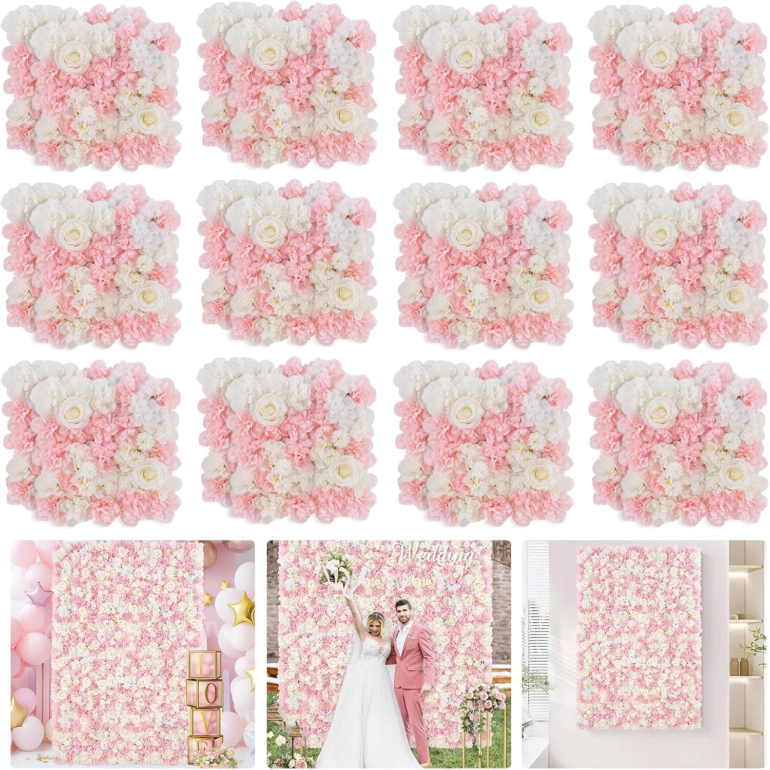 Pink Backdrop Flower Wall Panels: 3D Artificial Silk Floral Wall Panels for Wedding Birthday Decorations 24 Packs 15x15 Inches Pink 24 Pcs