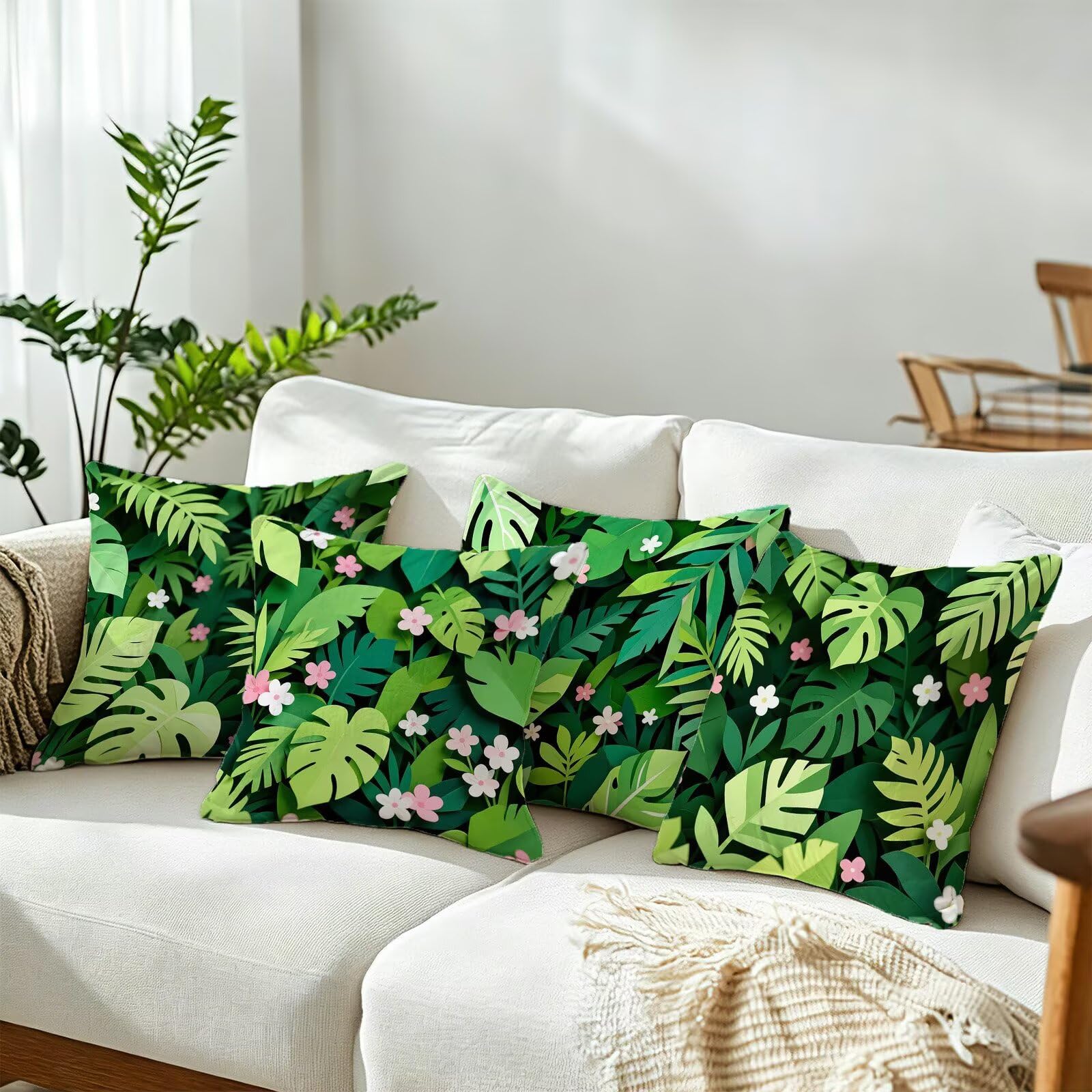 Verde Federe Cuscini Divano 40x40cm, Cuscini da Esterno Set de 4, Cod-115 | Velour Copricuscini Decorativi Letto Arredo, per Letto, Soggiorno, Giardino, Esterno, Casa Decorazione Set di 4 Pianta