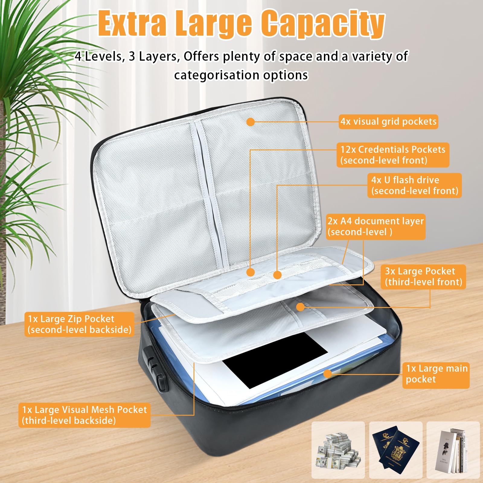 Bolsa de documentos ignífuga, impermeable, 38 x 28 x 10 cm, 4 capas, gran capacidad, ignífuga, con cerradura, caja de almacenamiento segura para pasaportes, certificados, documentos legales, objetos