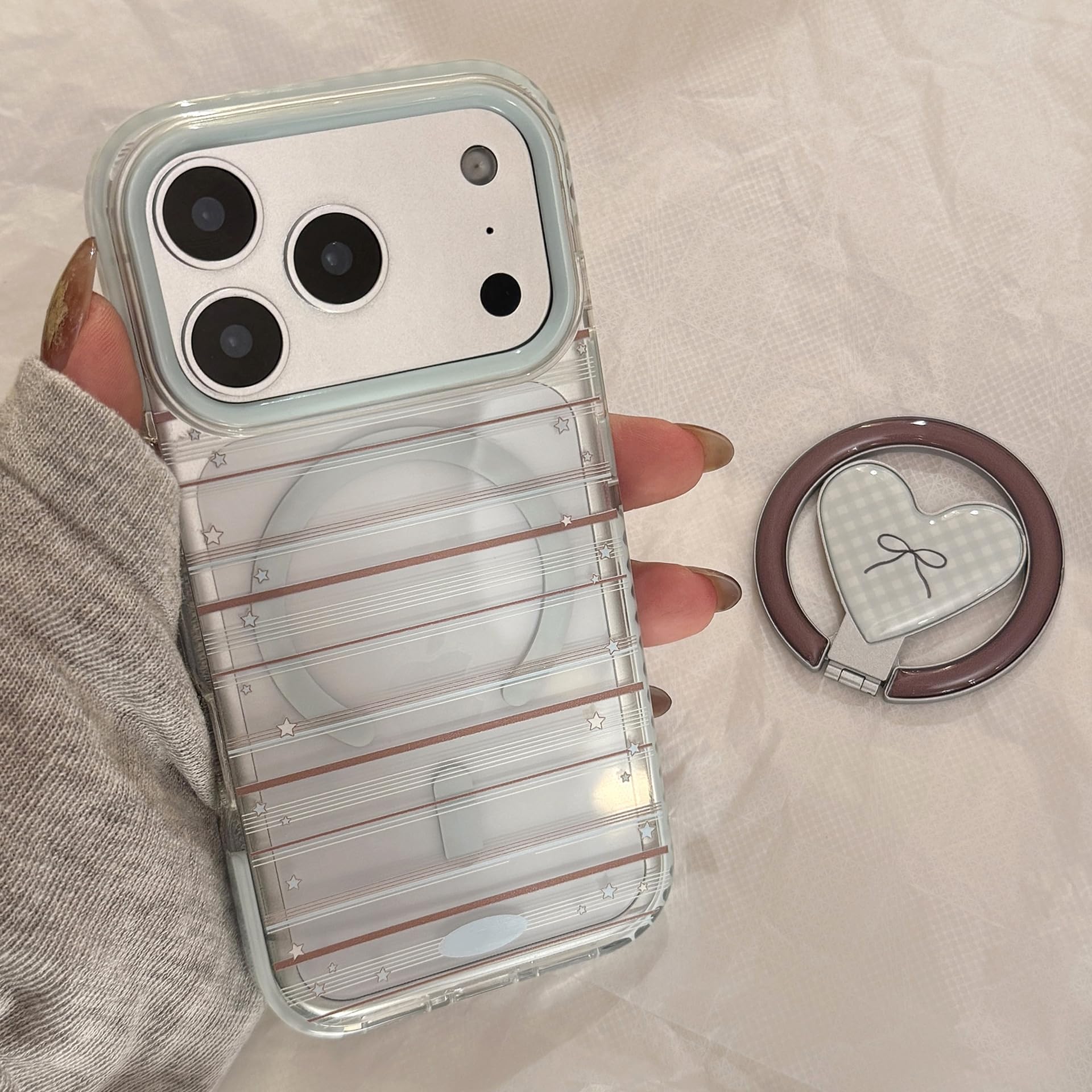 Custodia per iPhone 11 da 17 pollici con motivo a righe, stelle, cuore, fiocco, supporto magnetico e cover morbida antiurto (per iPhone 11 da 17 pollici/con supporto)