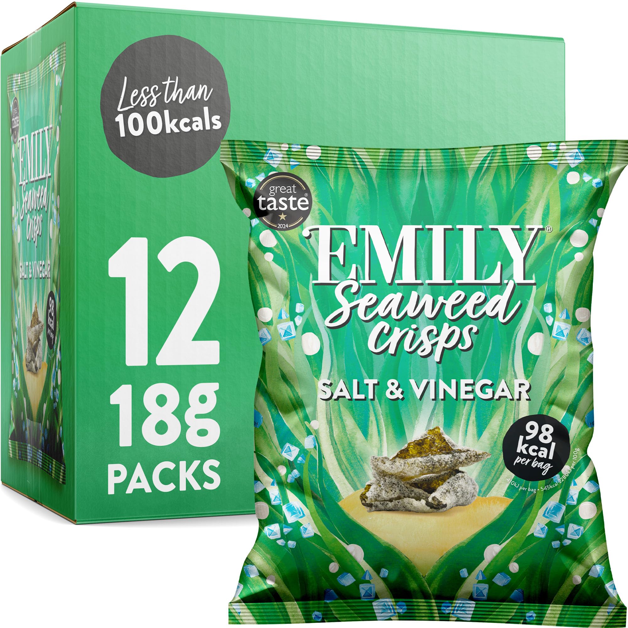 Abakus Seaweed Crisps - Salt & Vinegar 12 x 18g, Seaweed Snack, Nori Snack, Vegan, Gluten-Free, Healthy Snack, Source of Iodine