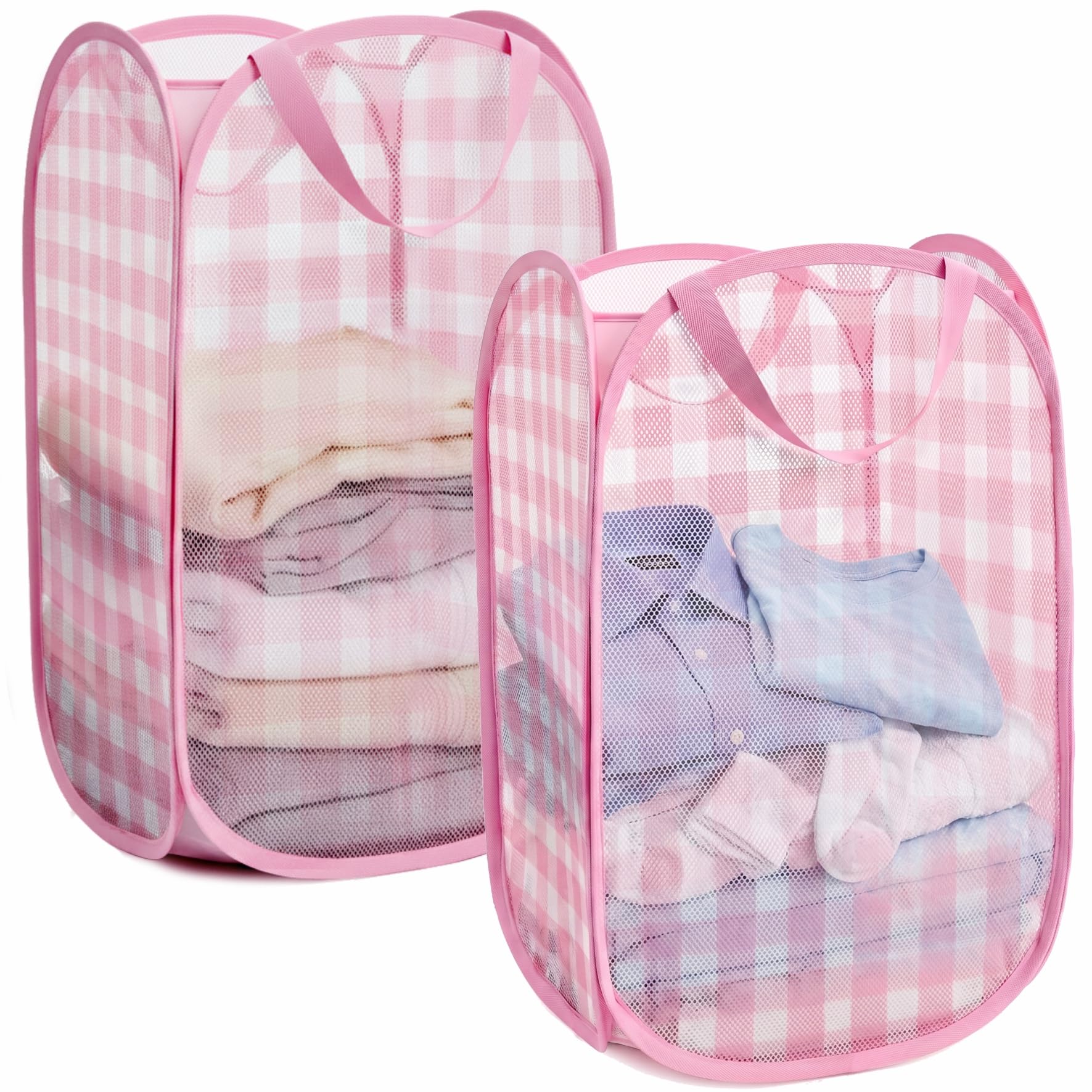 BOSNONA Pop Up Laundry Baskets 2 Pack 75L Pop Up Laundry Hamper Foldable Laundry Basket for Bedroom Dorm Travel (Pink Check(2 Vertical))