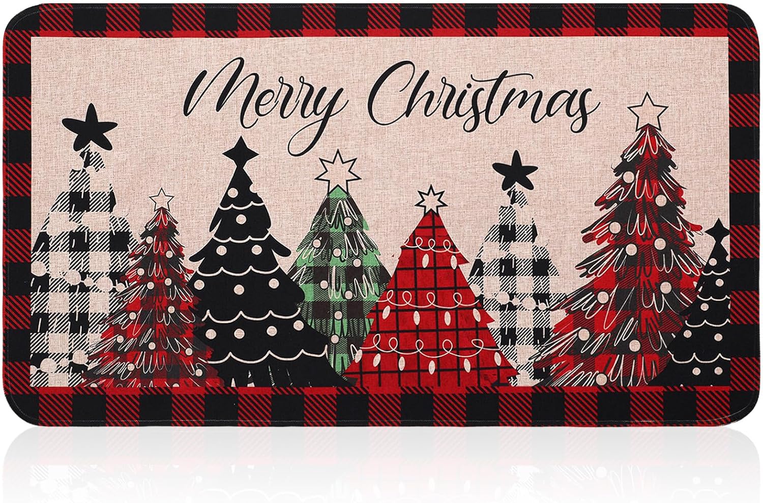 Tinideya Merry Christmas Door Mat 17 x 29 Inch Christmas Tree Front Door Mat Buffalo Plaid Decorative Doormat for Non Slip Door Doormat Decor for Home Entrance Floor Yard Patio(Red Black Plaid)