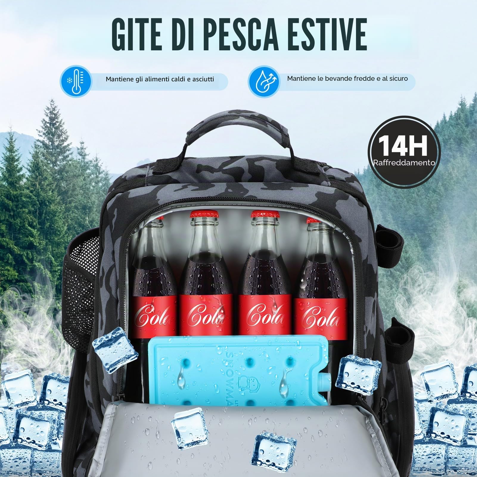PLUSINNO Zaino da pesca impermeabile con refrigeratore, grande borsa da 45 litri, attrezzatura da pesca, per campeggio e regali
