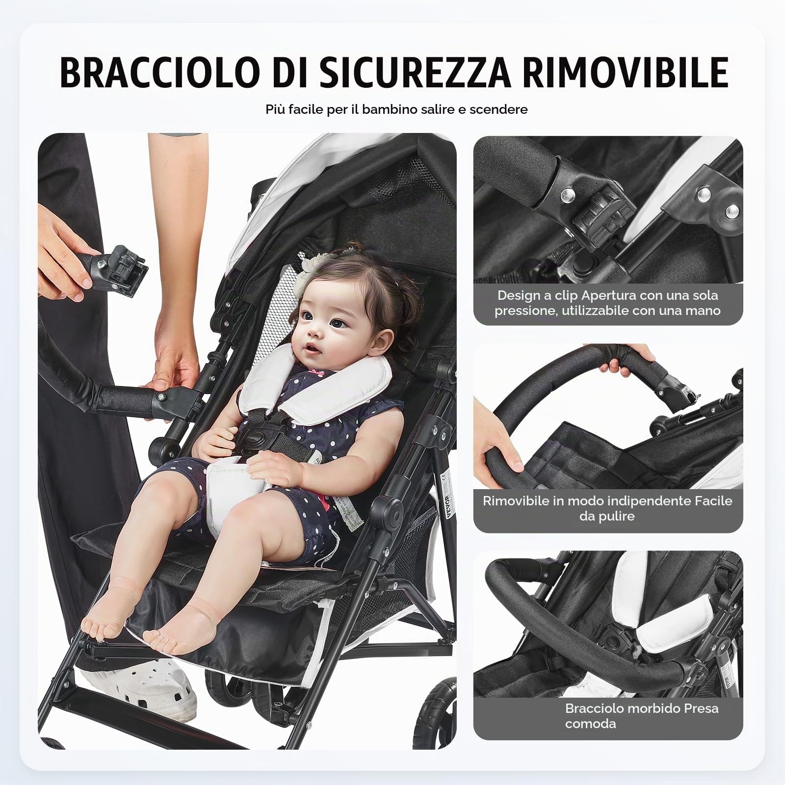 VEVOR Passeggino Leggero, 1170 x 340 x 240 mm Passeggino per Bambini a Ombrello, Schienale Reclinabile Multiposizione, Telaio in Acciaio Carbonio, Ampio Cestino Portaoggetti, per Viaggi, Nero/Bianco