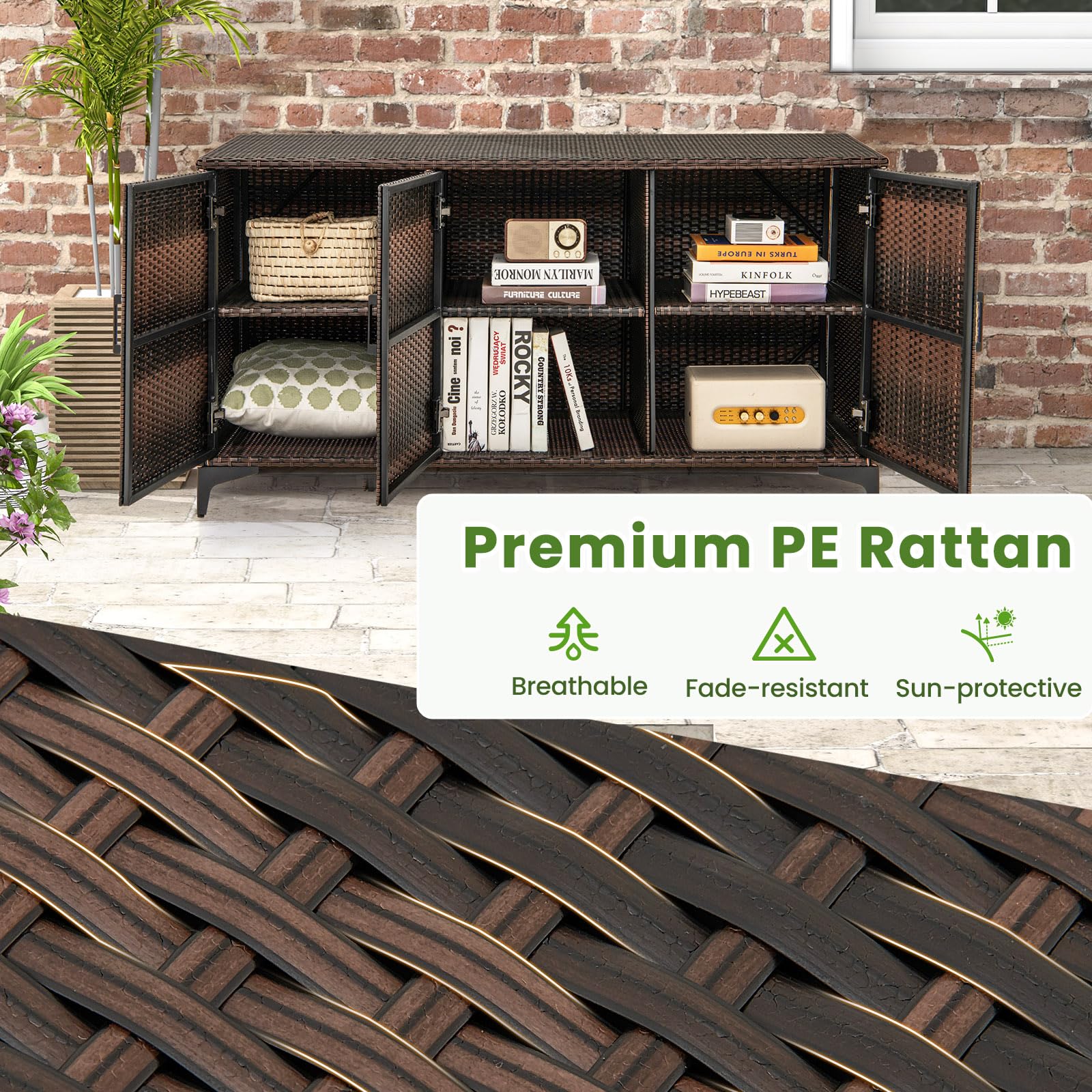LIFEZEAL 318 L Coffre de Rangement Extérieur en Rotin PE avec 6 Compartiments, Etagères Amovibles, 3 Portes, Grande Boîte Etanche pour Balcon, Intérieur, 135x50x70,5 cm (Marron)