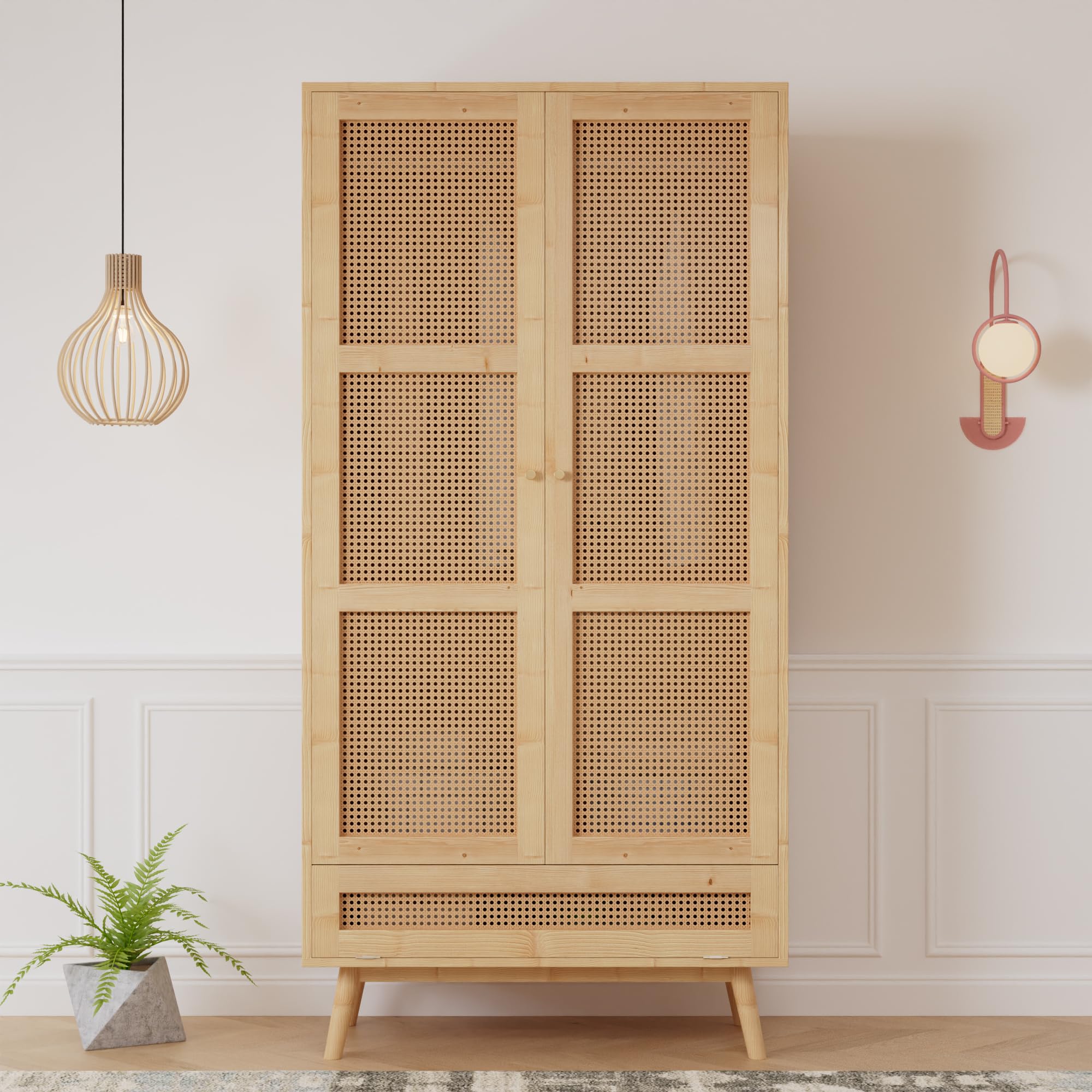 Mielvu kledingkast met stang, kleerkast met 2 deuren, slaapkamer, rattannet, woonkamer, met onderste flip-top deksel, spaanplaat PE-rattan, natuurlijk